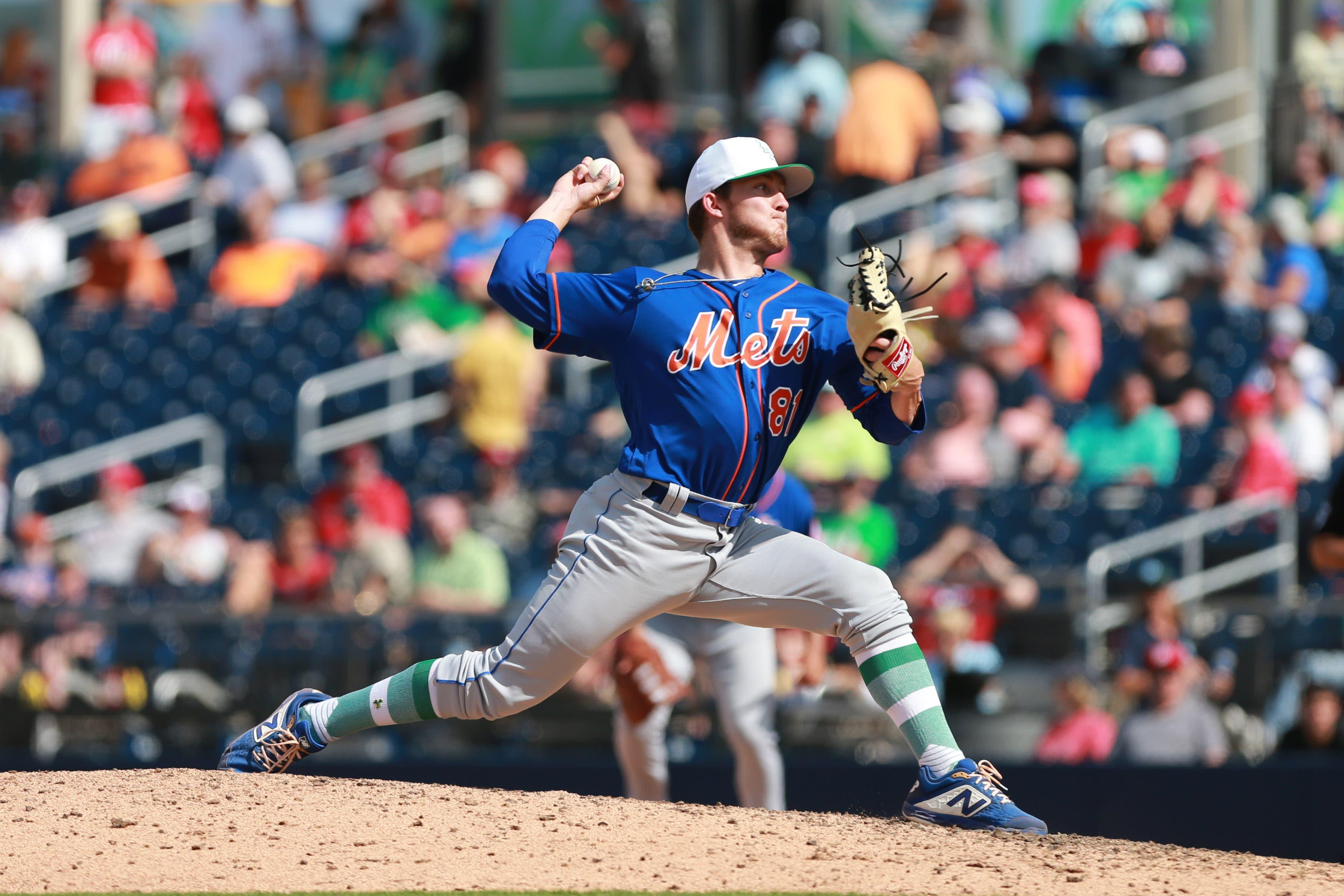 Mar 17, 2019; West Palm Beach, FL, USA; New York Mets relief pitcher Ryley Gilliam (81) delivers a pitch in the eight inning of a spring training game against the Washington Nationals at FITTEAM Ballpark of the Palm Beaches. Mandatory Credit: Sam Navarro-USA TODAY Sports / Sam Navarro