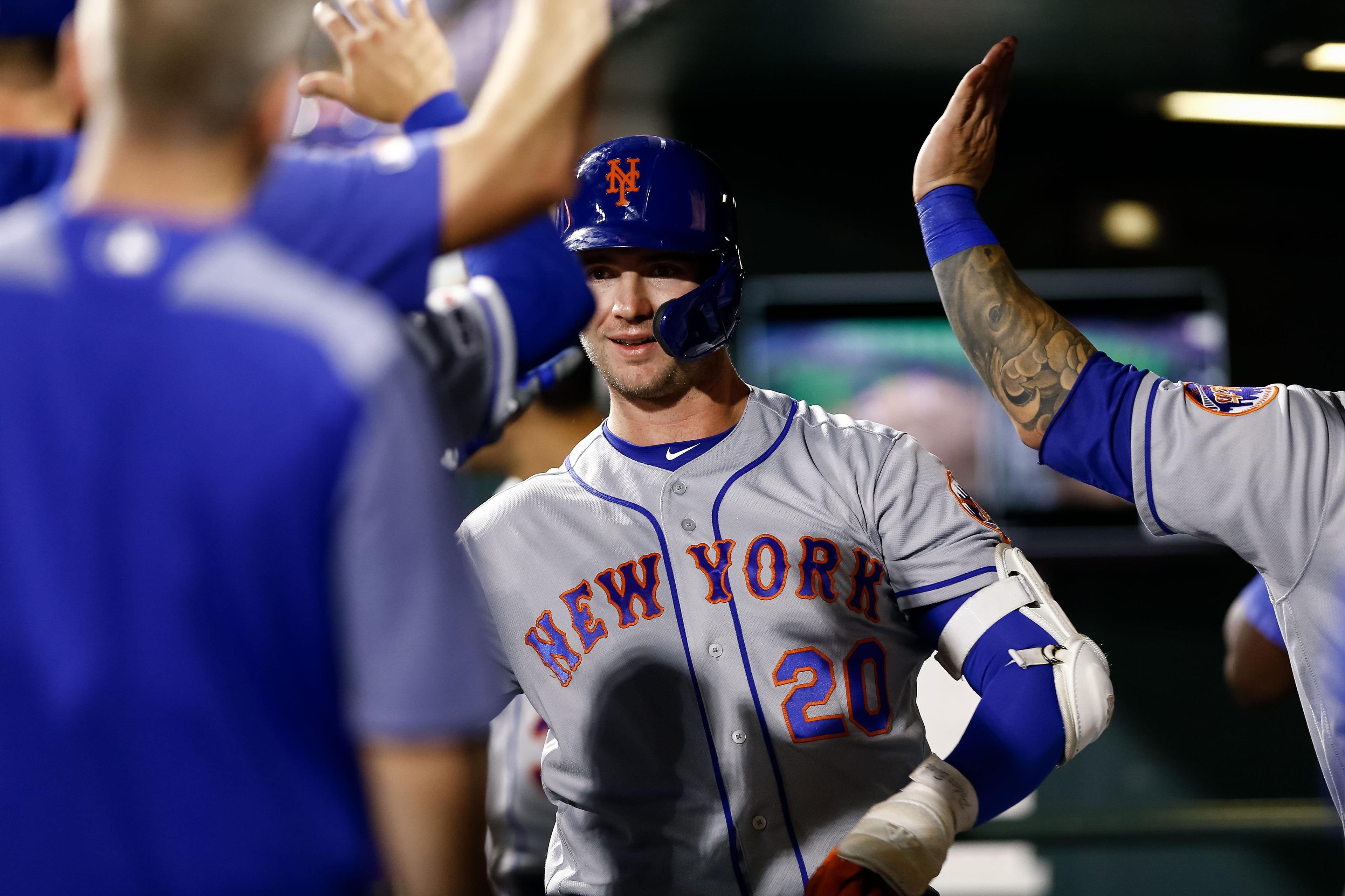 Sep 17, 2019; Denver, CO, USA; New York Mets first baseman Pete Alonso (20) celebrates in the dugout after hitting a solo home run in the sixth inning against the Colorado Rockies at Coors Field. Mandatory Credit: Isaiah J. Downing-USA TODAY Sports / Isaiah J. Downing