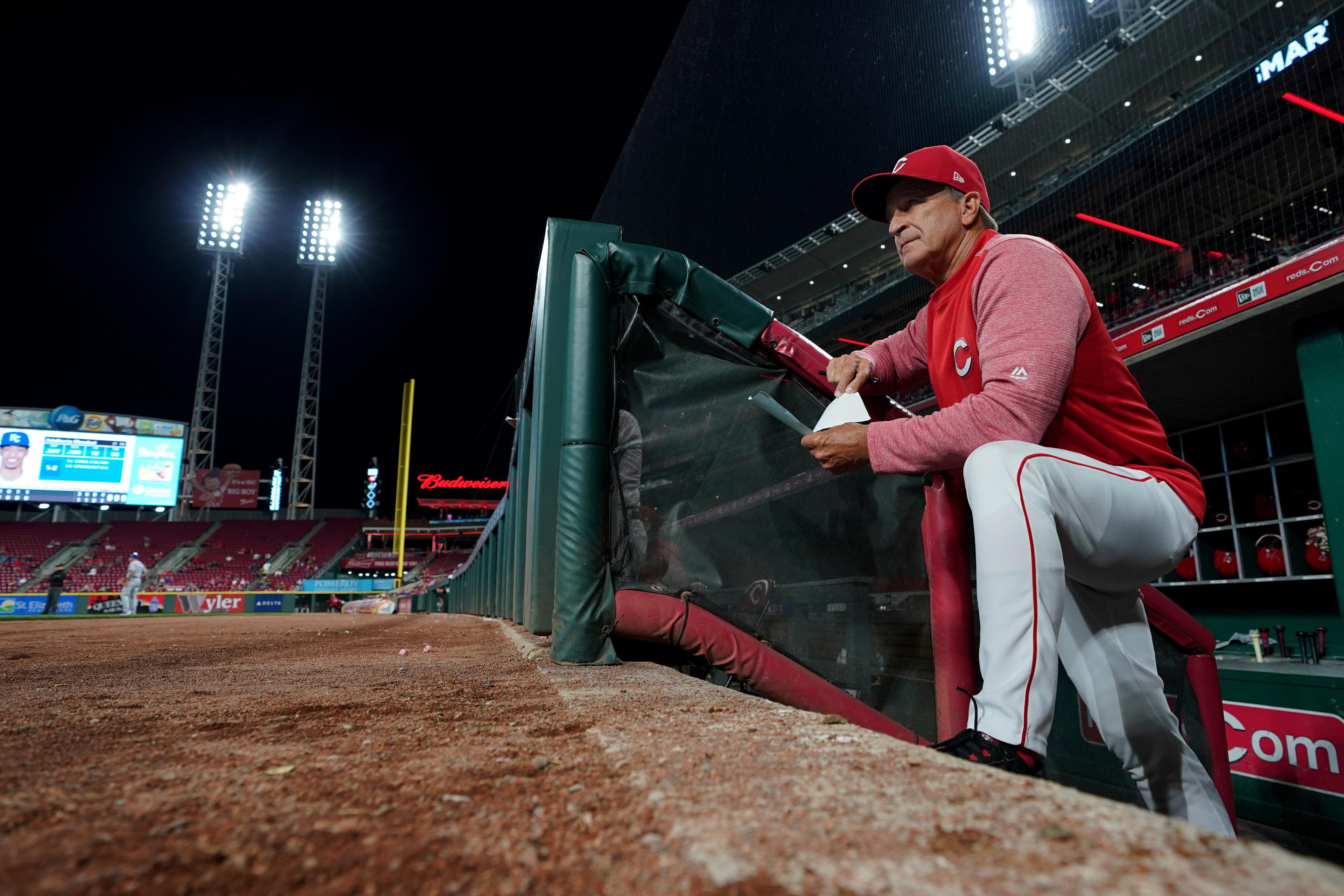 Sep 26, 2018; Cincinnati, OH, USA; Cincinnati Reds interim manager Jim Riggleman (35) stands on the dugout steps in the game against the Kansas City Royals in the fifth inning at Great American Ball Park. Mandatory Credit: Aaron Doster-USA TODAY Sports