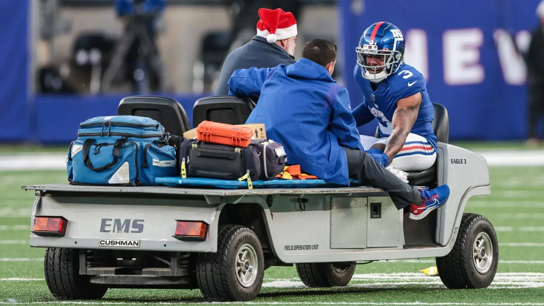 Dec 19, 2021; East Rutherford, New Jersey, USA; New York Giants wide receiver Sterling Shepard (3) is driven off of the field after an injury during the second half against the Dallas Cowboys at MetLife Stadium. / Vincent Carchietta-USA TODAY Sports