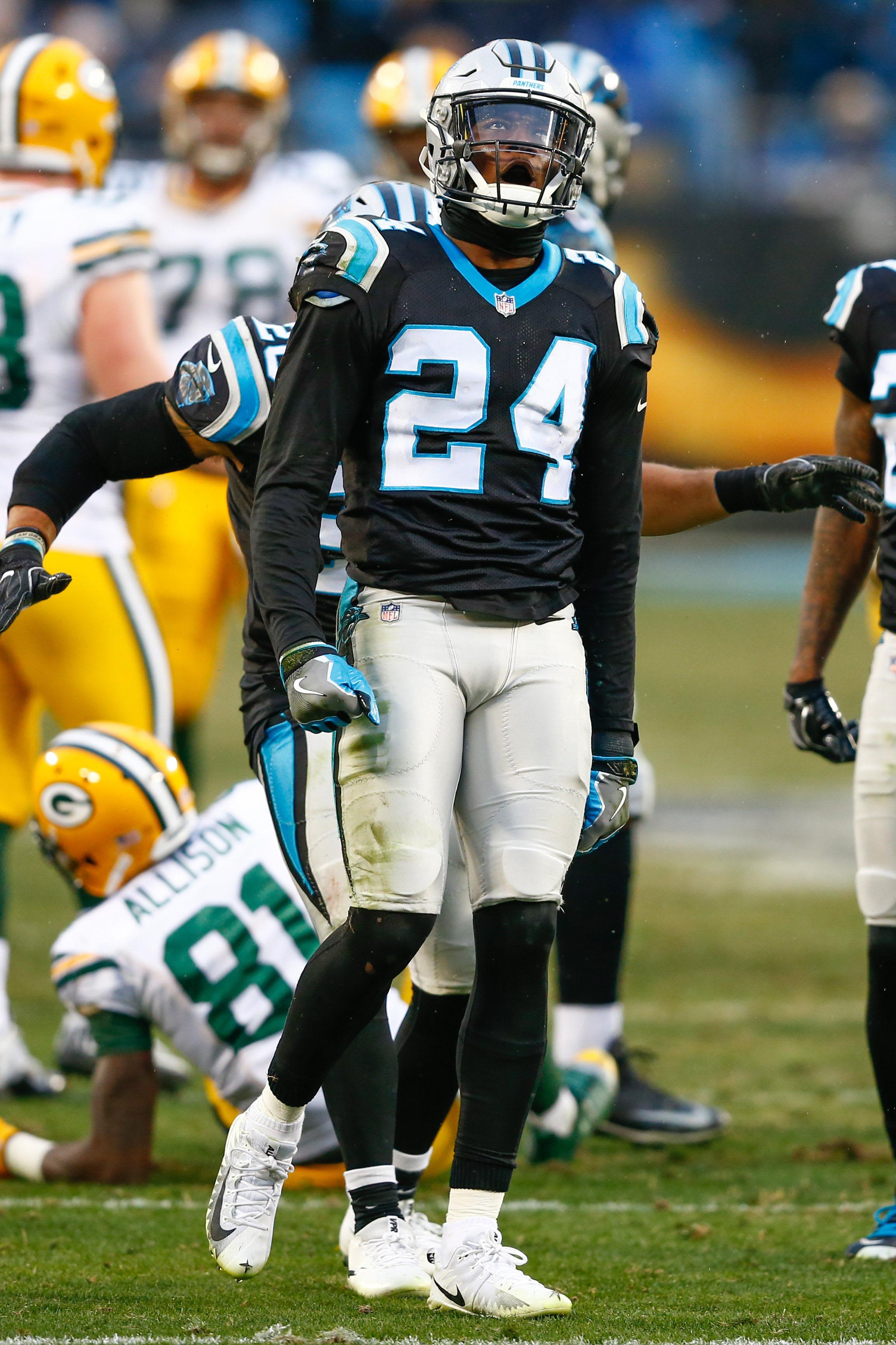 Dec 17, 2017; Charlotte, NC, USA; Carolina Panthers cornerback James Bradberry (24) reacts after a turnover in the fourth quarter against the Green Bay Packers at Bank of America Stadium. Mandatory Credit: Jeremy Brevard-USA TODAY Sports