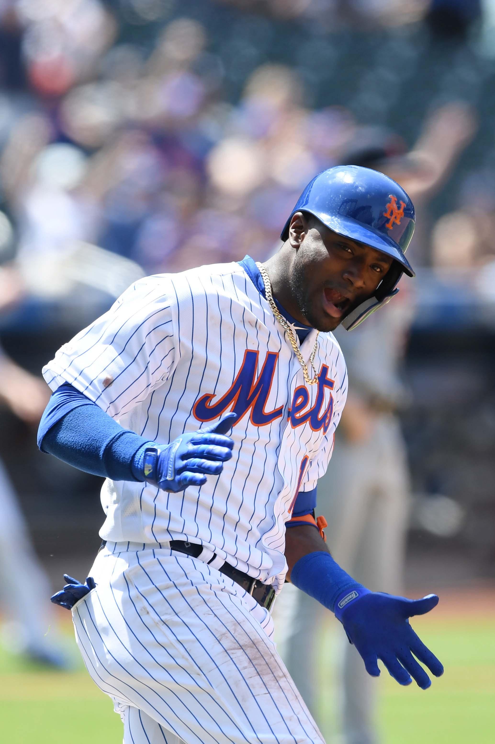 May 26, 2019; New York City, NY, USA; New York Mets shortstop Adeiny Hechavarria (11) reacts after hitting a home run during the fourth inning of a baseball game against the Detroit Tigers at Citi Field. Mandatory Credit: Sarah Stier-USA TODAY Sports