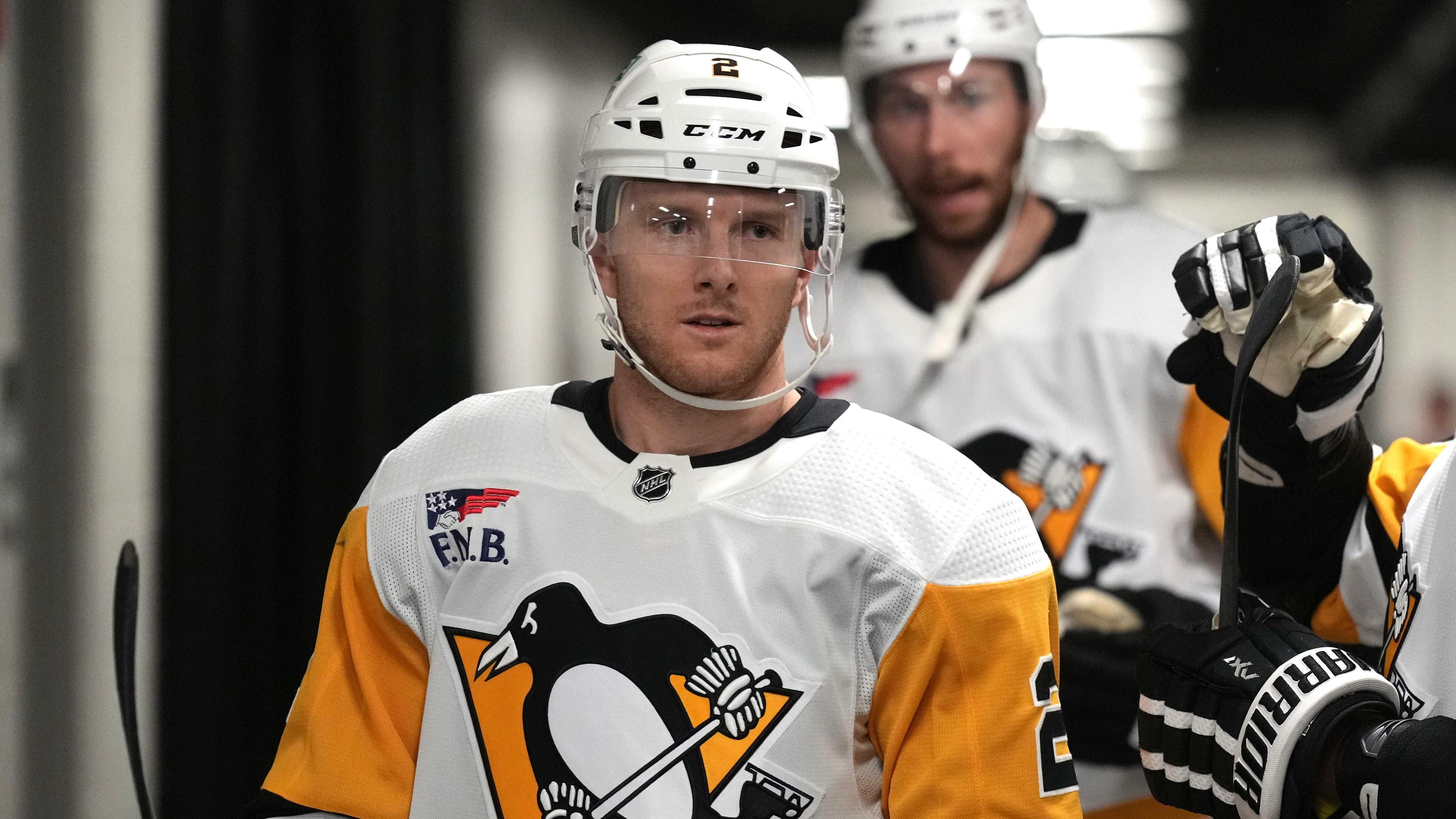 Nov 4, 2023; San Jose, California, USA; Pittsburgh Penguins defenseman Chad Ruhwedel (2) before the game against the San Jose Sharks at SAP Center at San Jose. / Darren Yamashita - USA TODAY Sports