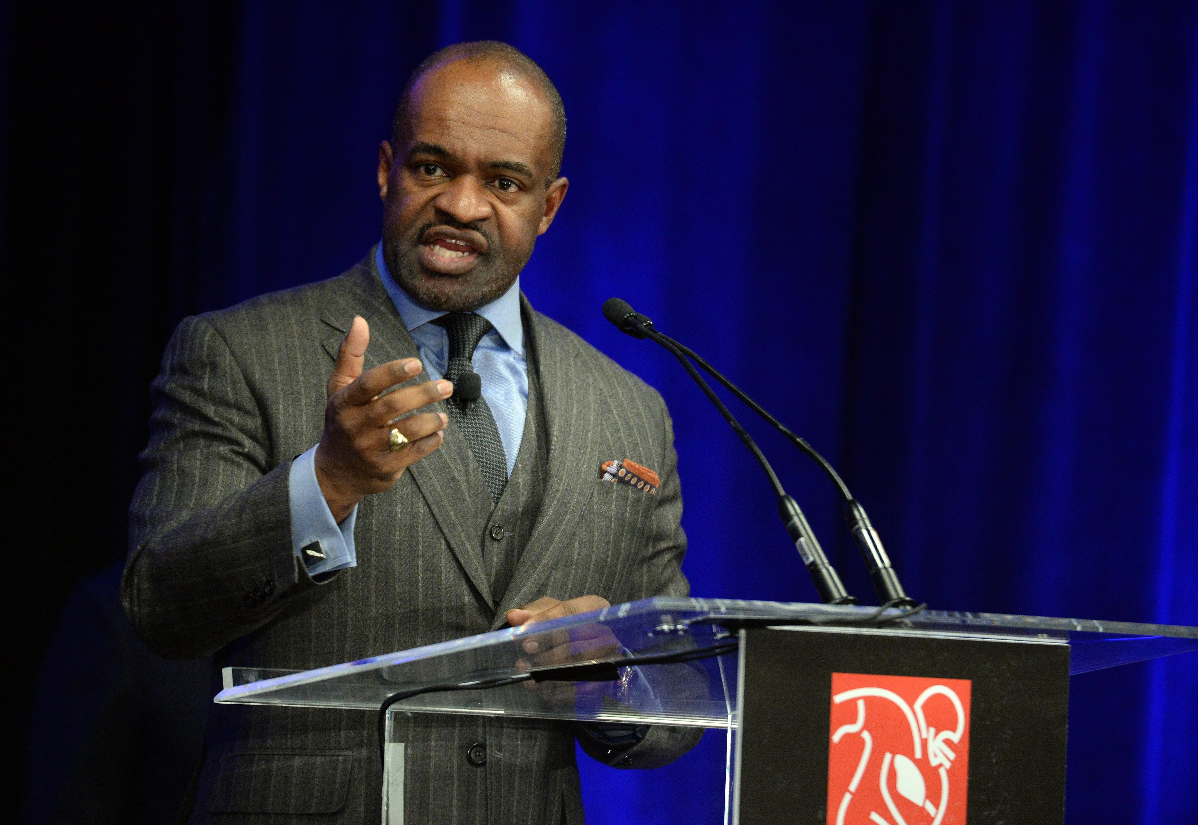 Jan 31, 2019; Atlanta, GA, USA; NFLPA executive director DeMaurice Smith speaks during the NFLPA press conference in advance of the Super Bowl LIII where the New England Patriots will play the Los Angeles Rams on Feb. 3, 2019 at Mercedes_Benz Stadium. Mandatory Credit: John David Mercer-USA TODAY Sports / John David Mercer