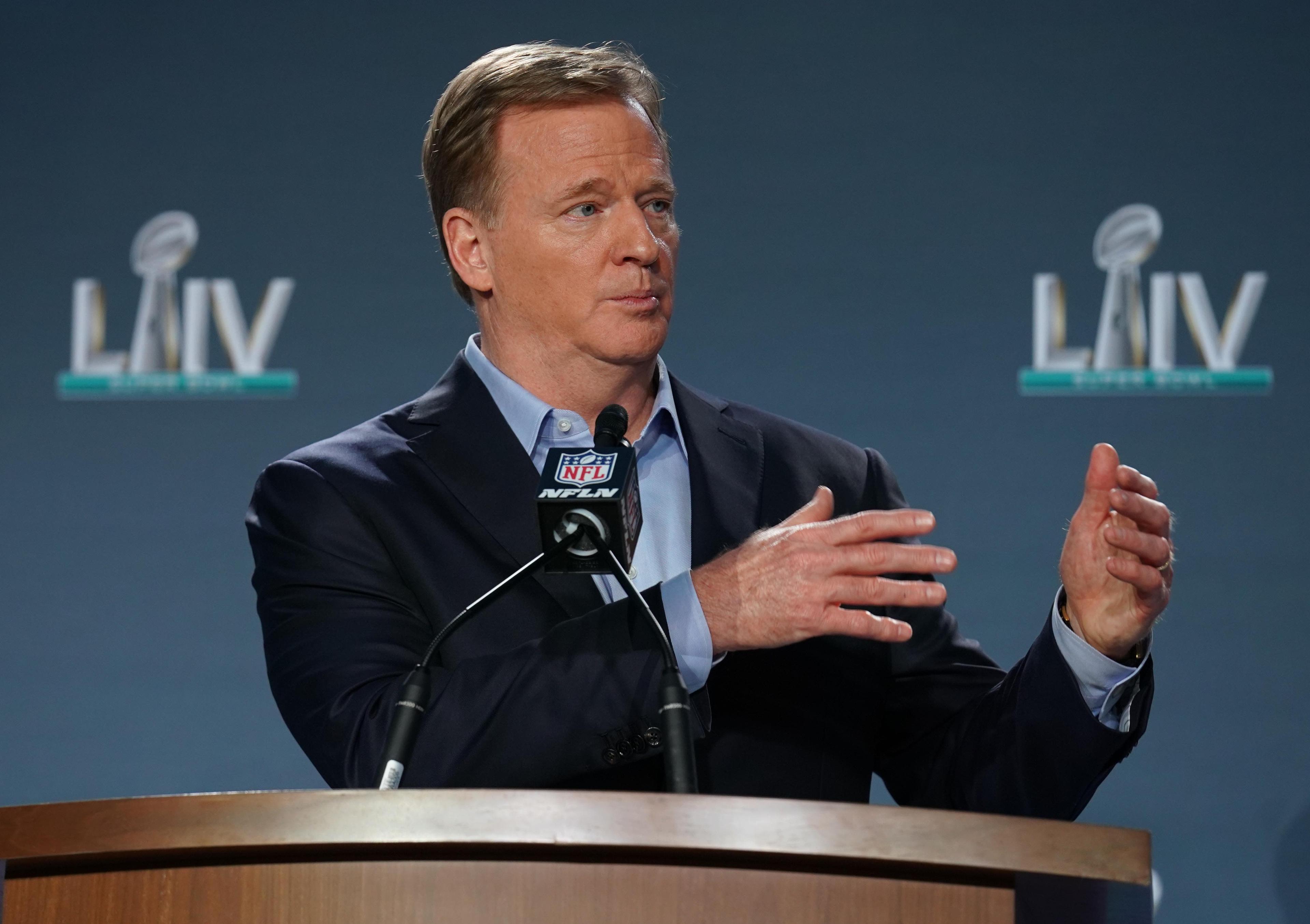 Jan 29, 2020; Miami, Florida, USA; NFL commissioner Roger Goodell during a press conference before Super Bowl LIV at Hilton Downtown. Mandatory Credit: Kirby Lee-USA TODAY Sports / Kirby Lee