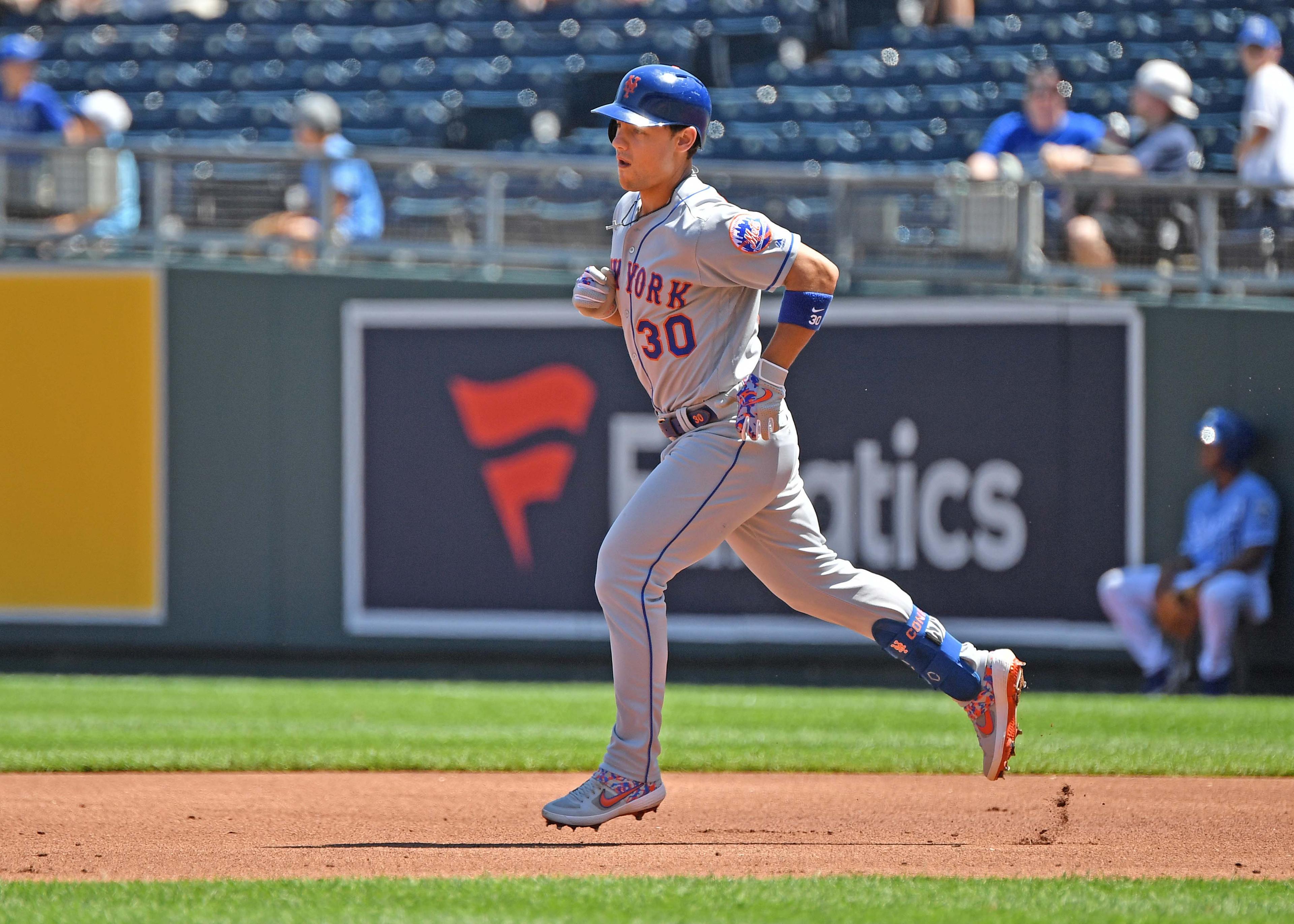 Aug 18, 2019; Kansas City, MO, USA; New York Mets right fielder Michael Conforto (30) runs the bases after hitting a three run home run during the first inning against the Kansas City Royals at Kauffman Stadium. Mandatory Credit: Peter G. Aiken/USA TODAY Sports