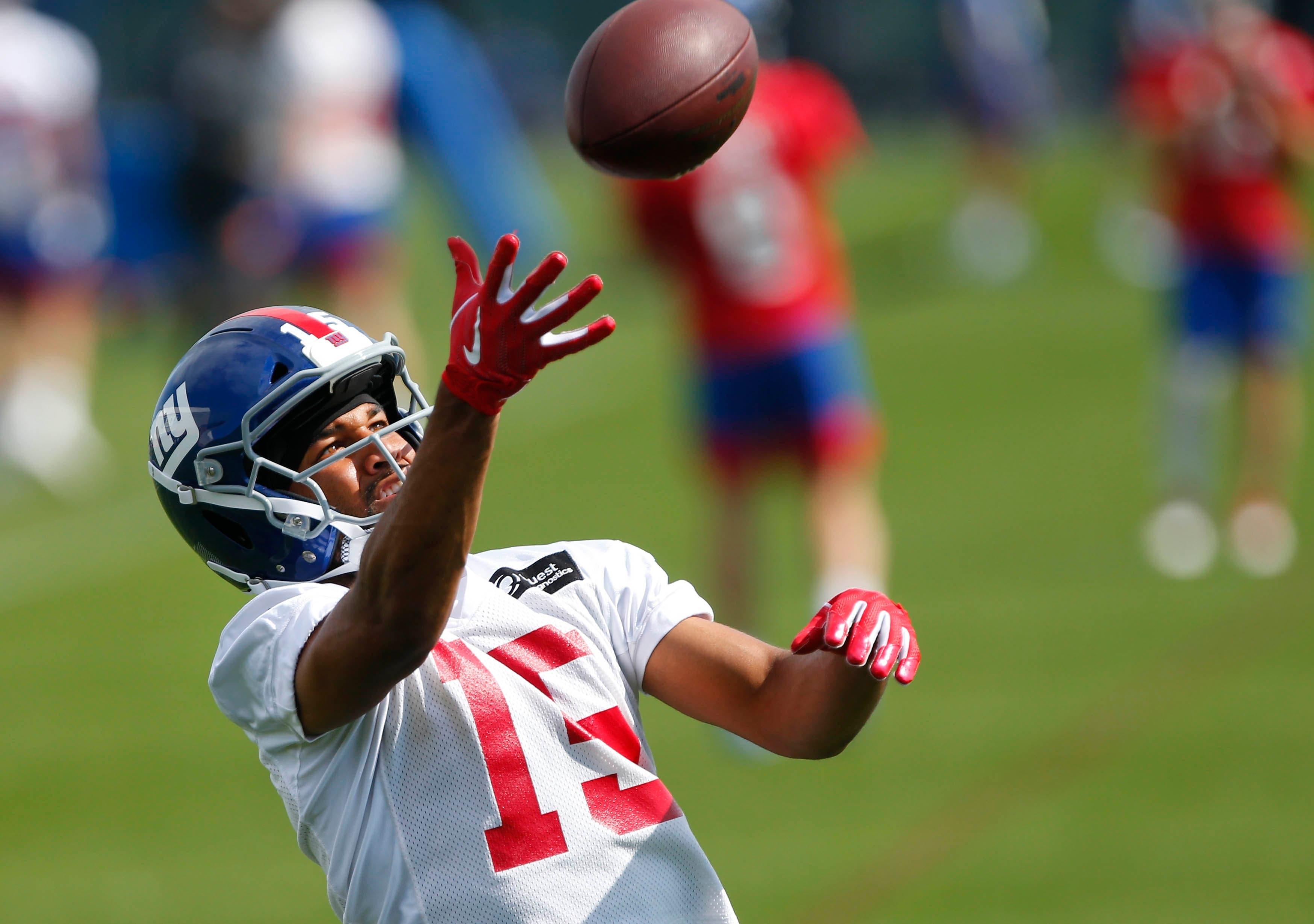 May 20, 2019; East Rutherford, NJ, USA; New York Giants wide receiver Golden Tate makes a catch during organized team activities at Quest Diagnostic Training Center. Mandatory Credit: Noah K. Murray-USA TODAY Sports / Noah K. Murray