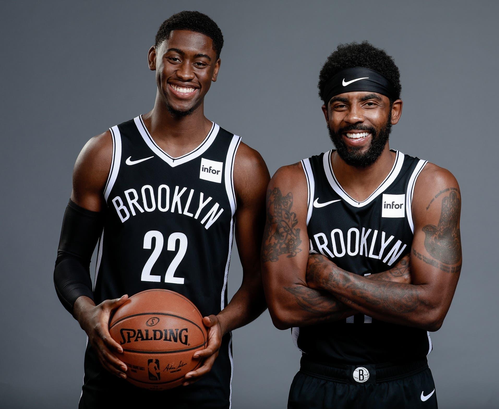 Sep 27, 2019; Brooklyn, NY, USA; Brooklyn Nets guard Caris LeVert (22) and Brooklyn Nets guard Kyrie Irving (11) pose for a portrait during media day at HSS Training Center. Mandatory Credit: Nicole Sweet-USA TODAY Sports / NICOLE SWEET