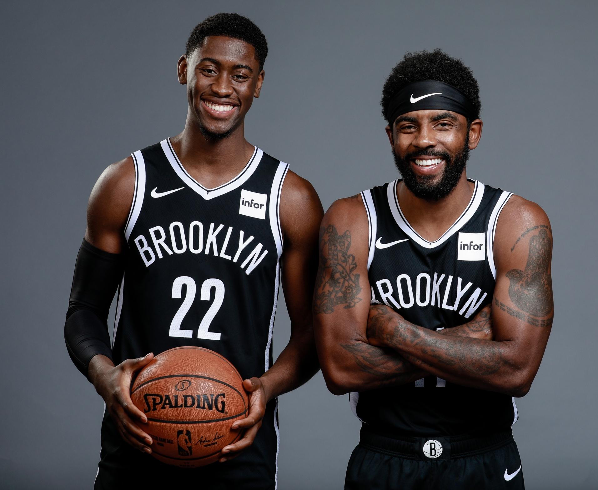 Sep 27, 2019; Brooklyn, NY, USA; Brooklyn Nets guard Caris LeVert (22) and Brooklyn Nets guard Kyrie Irving (11) pose for a portrait during media day at HSS Training Center. Mandatory Credit: Nicole Sweet-USA TODAY Sports