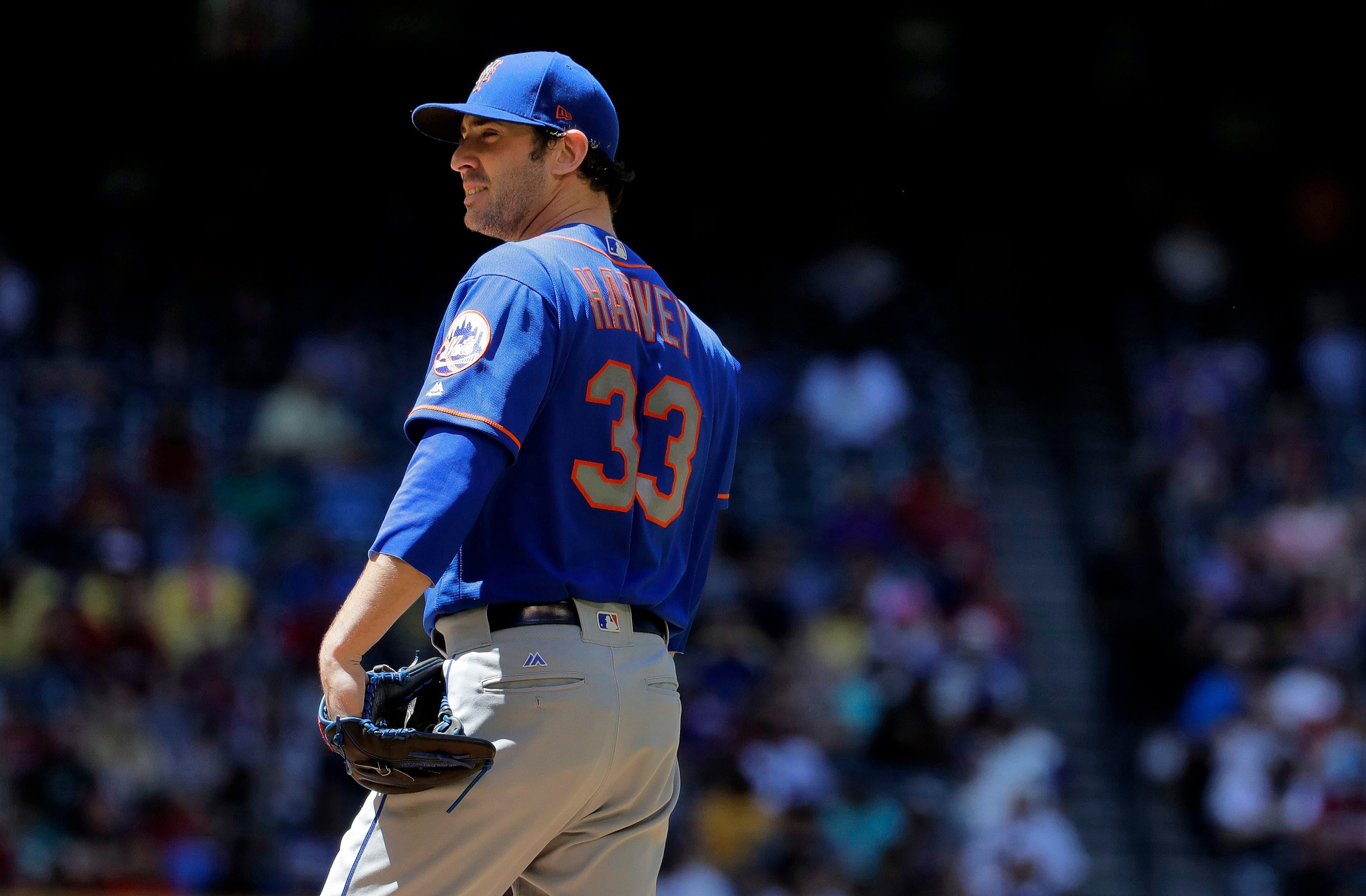 New York Mets starting pitcher Matt Harvey (33) looks to the plate during the third inning of a baseball game against the Arizona Diamondbacks, Wednesday, May 17, 2017, in Phoenix. (AP Photo/Matt York) / Matt York/AP