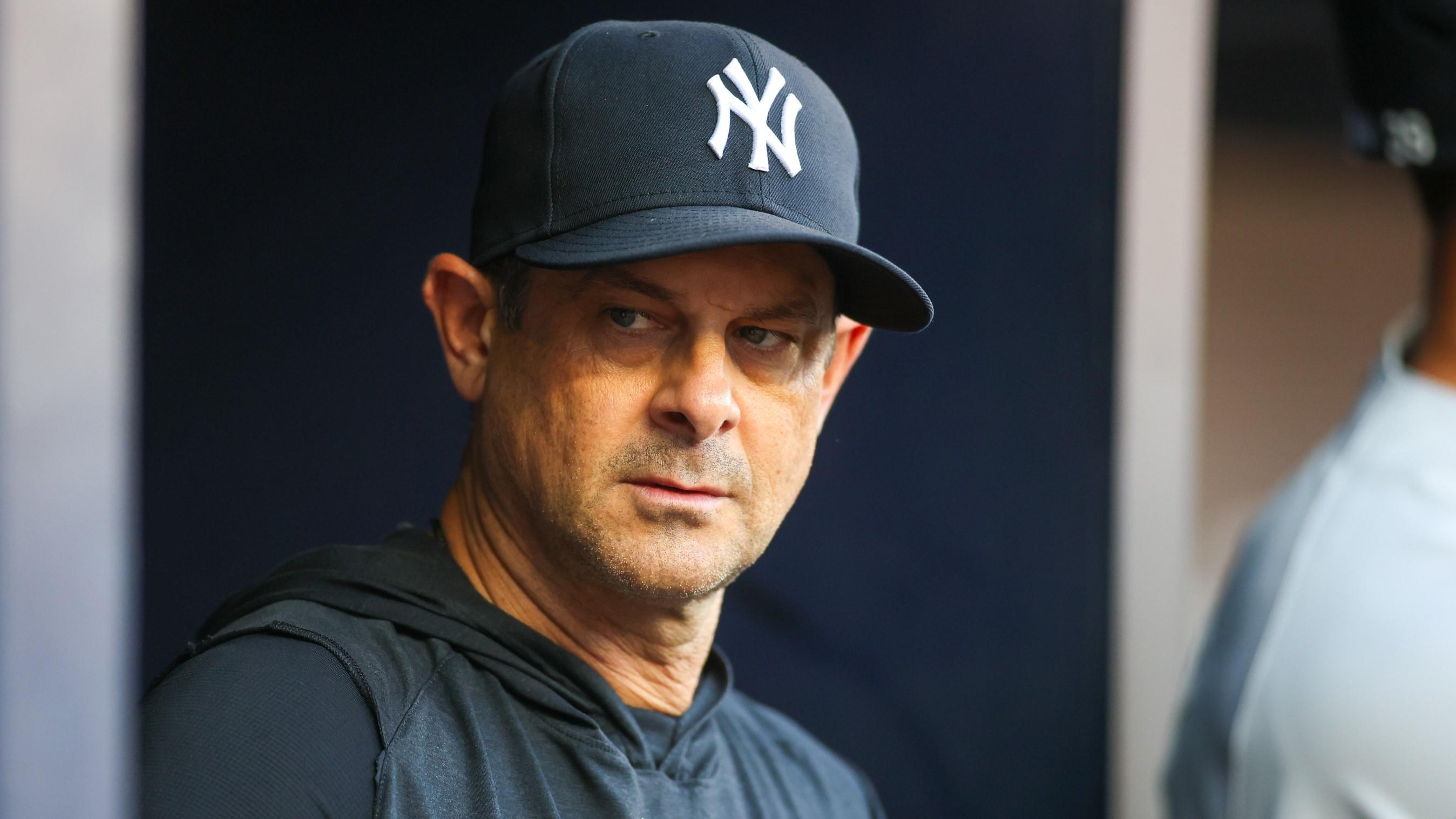 Aug 16, 2023; Atlanta, Georgia, USA; New York Yankees manager Aaron Boone (17) in the dugout before a game against the Atlanta Braves at Truist Park. / Brett Davis-USA TODAY Sports