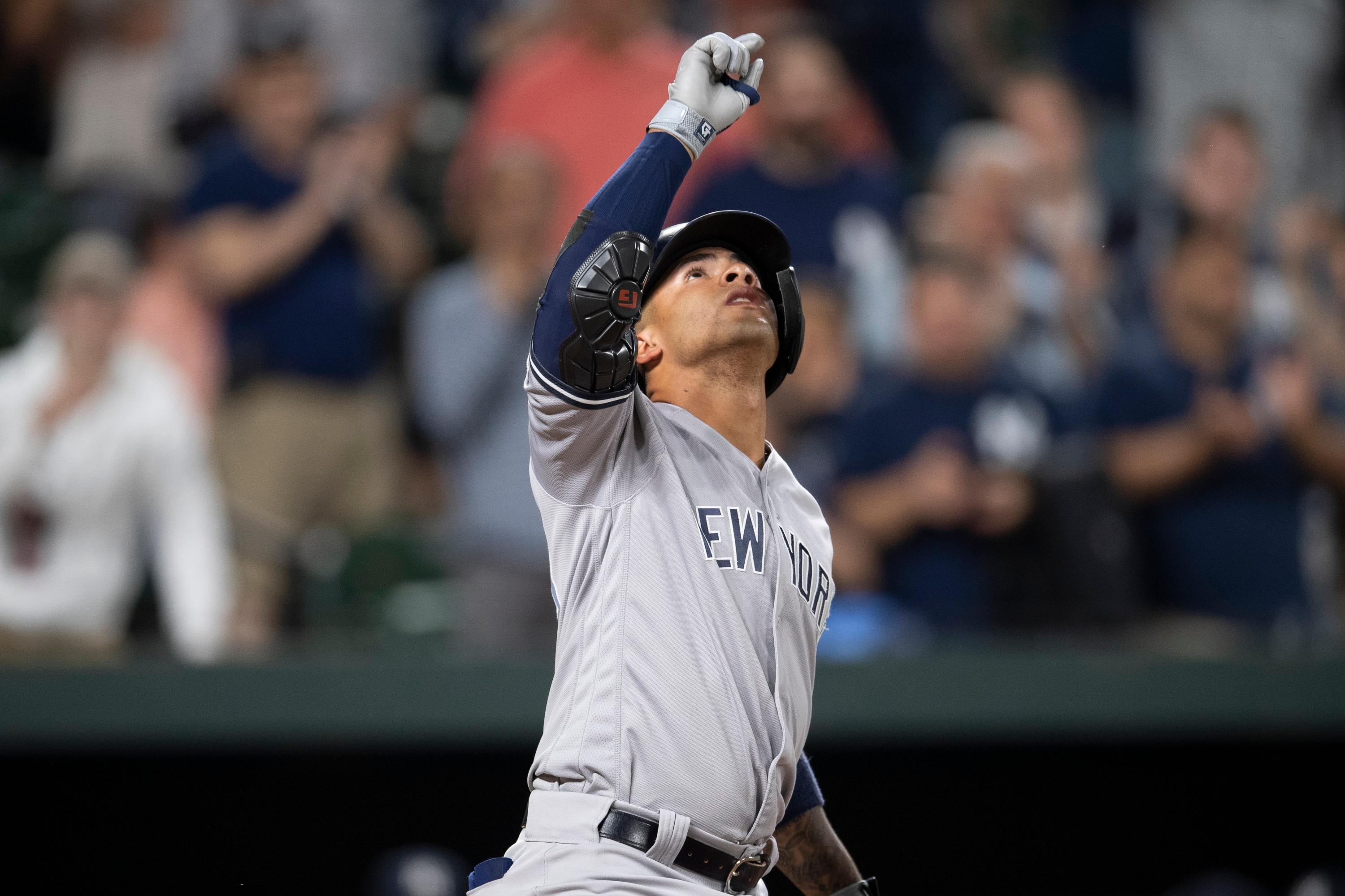 May 22, 2019; Baltimore, MD, USA; New York Yankees shortstop Gleyber Torres (25) reacts after hitting a solo home run in the fifth inning against the Baltimore Orioles at Oriole Park at Camden Yards. Mandatory Credit: Tommy Gilligan-USA TODAY Sports