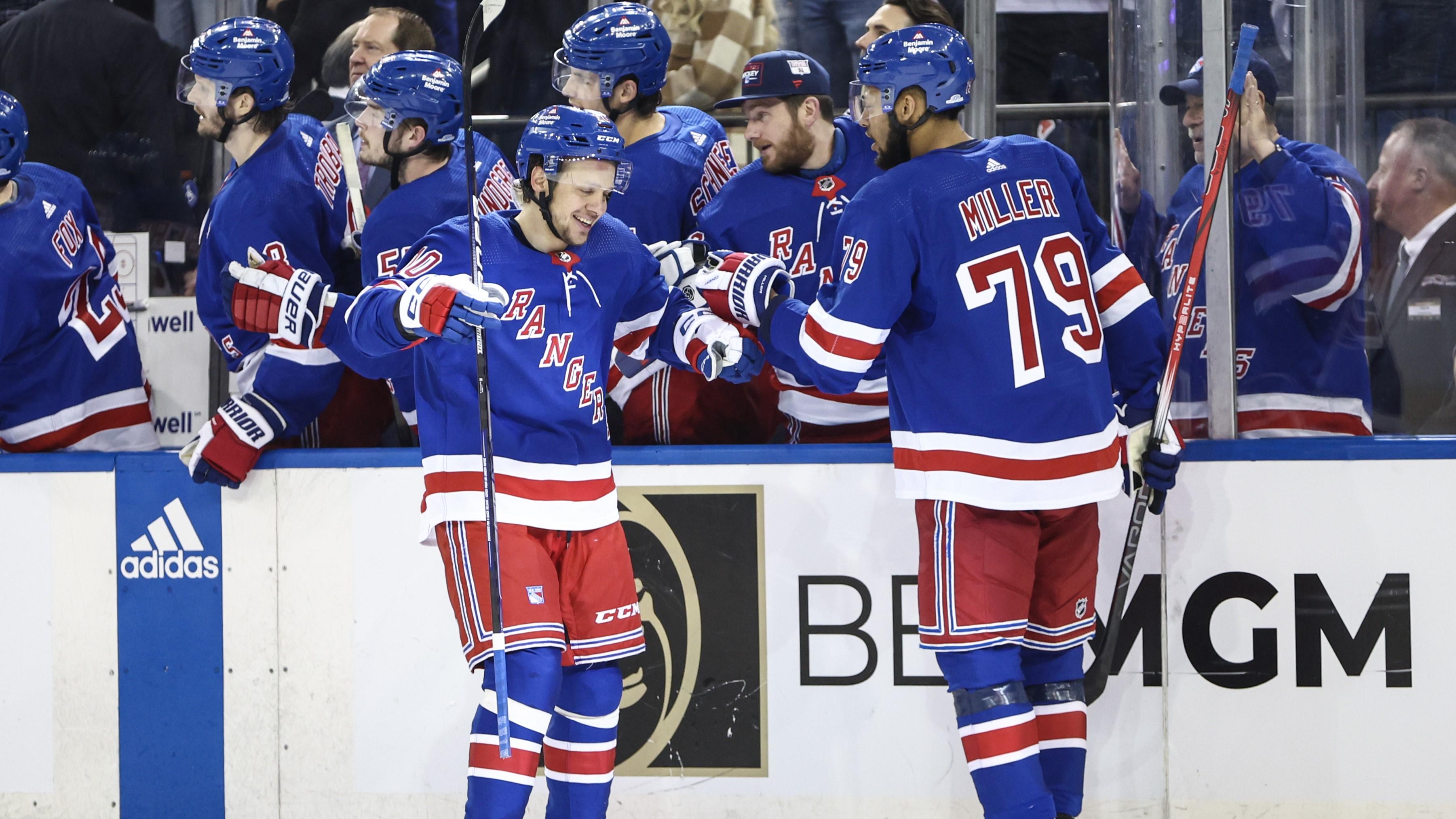 May 5, 2024; New York, New York, USA; New York Rangers left wing Artemi Panarin (10) celebrates with defenseman K'Andre Miller (79) after scoring a goal in the third period against the Carolina Hurricanes in game one of the second round of the 2024 Stanley Cup Playoffs at Madison Square Garden. Mandatory Credit: Wendell Cruz-USA TODAY Sports / © Wendell Cruz-USA TODAY Sports