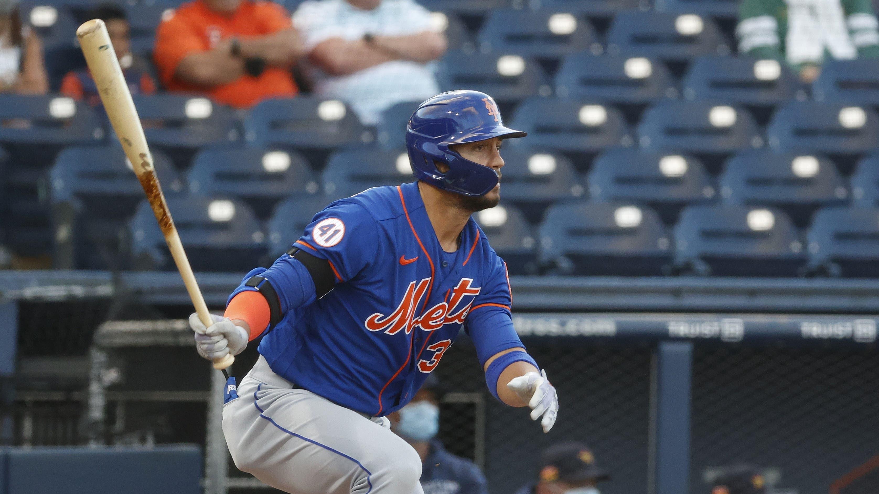 Mar 11, 2021; West Palm Beach, Florida, USA; New York Mets outfielder Michael Conforto (30) bats against the Houston Astros during the first inning of a spring training game at FITTEAM Ballpark of the Palm Beaches. Mandatory Credit: Rhona Wise-USA TODAY Sports / © Rhona Wise-USA TODAY Sports