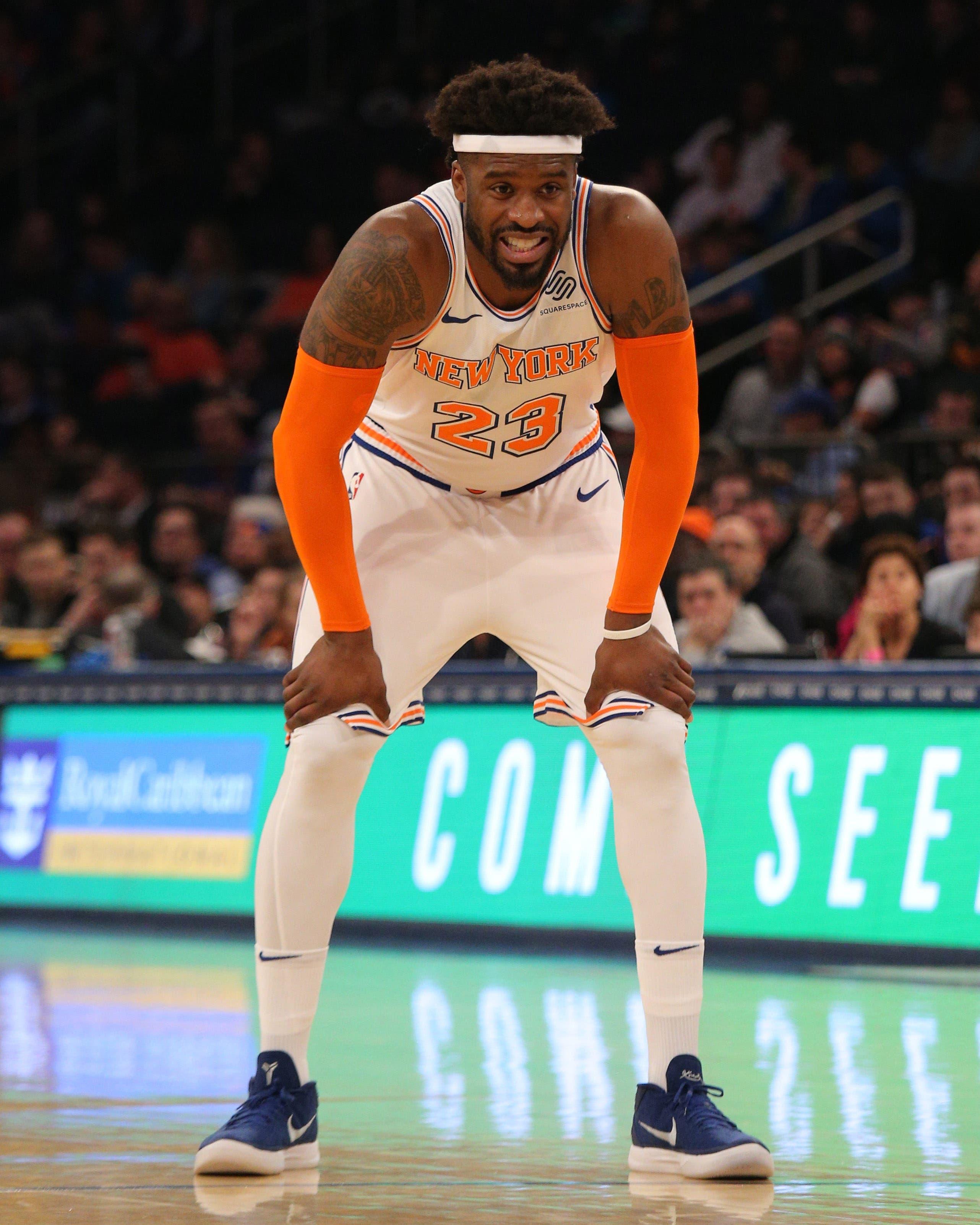 Feb 3, 2019; New York, NY, USA; New York Knicks guard Wesley Matthews (23) reacts during the first quarter against the Memphis Grizzlies at Madison Square Garden. Mandatory Credit: Brad Penner-USA TODAY Sports / Brad Penner