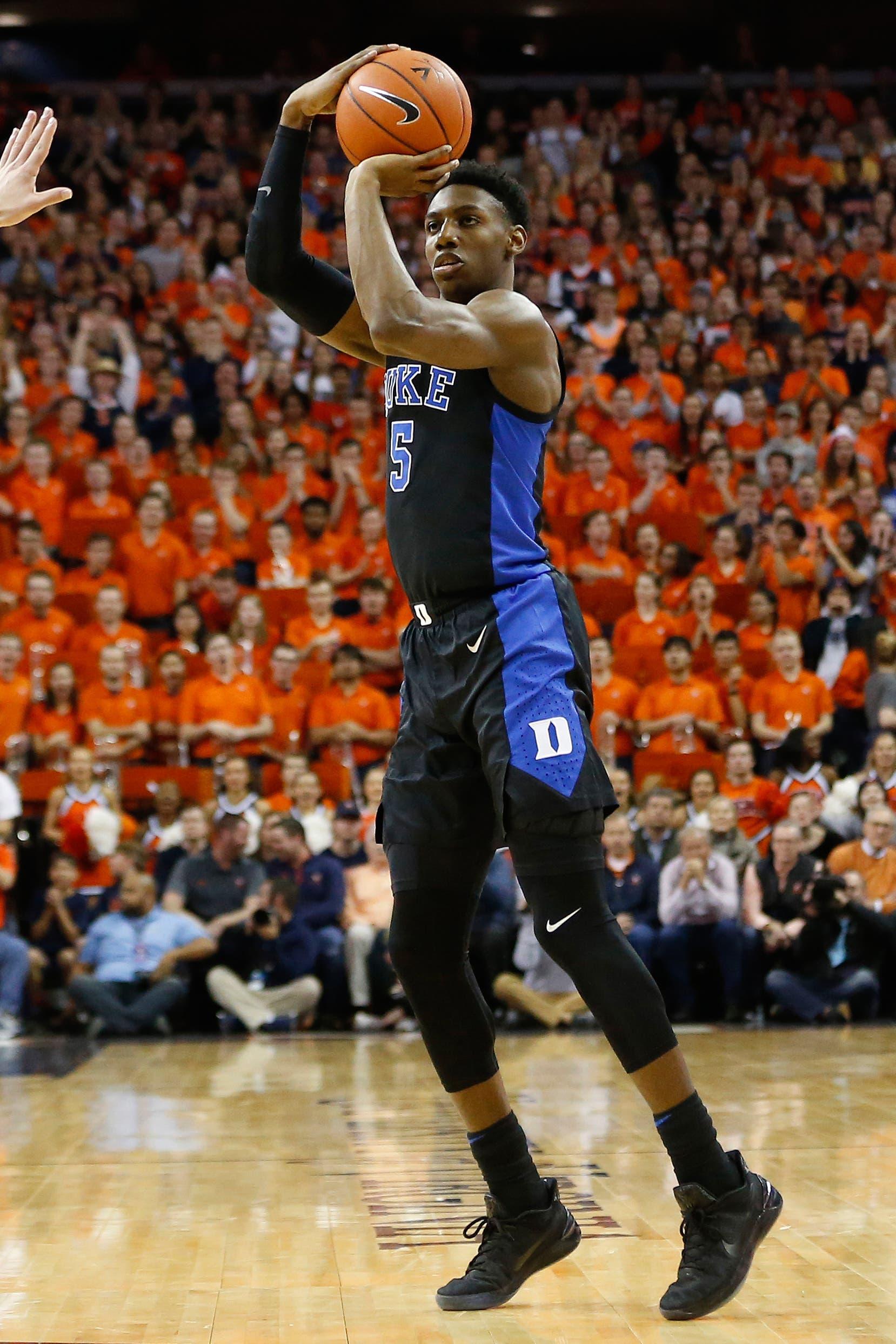 Feb 9, 2019; Charlottesville, VA, USA; Duke Blue Devils forward RJ Barrett (5) shoots the ball against the Virginia Cavaliers at John Paul Jones Arena. Mandatory Credit: Geoff Burke-USA TODAY Sports / Geoff Burke