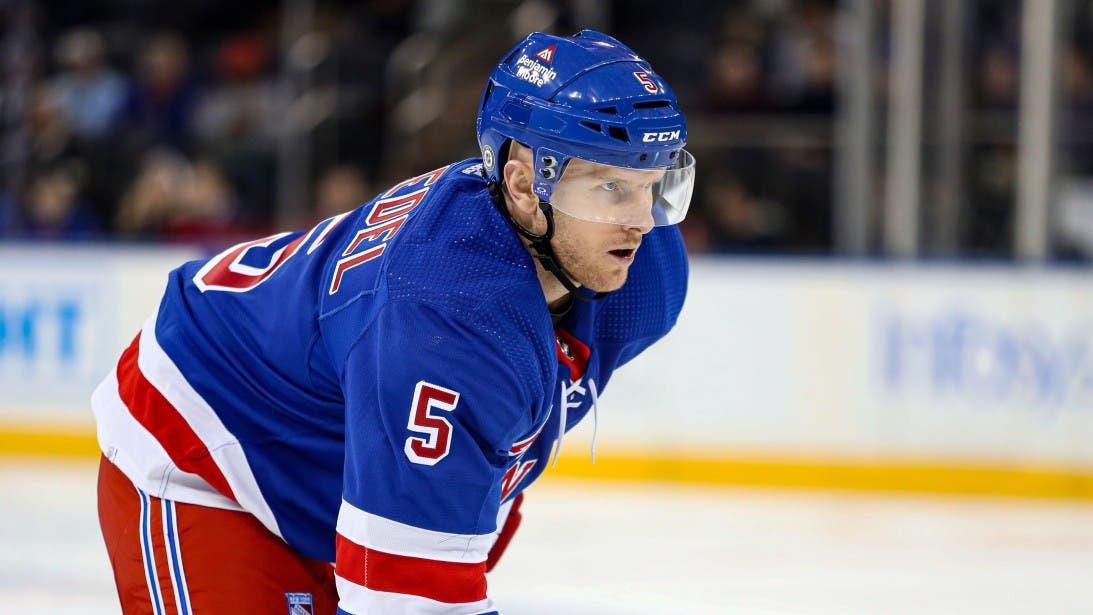 New York Rangers defenseman Chad Ruhwedel (5) awaits a face-off against the Winnipeg Jets during the first period at Madison Square Garden. / Danny Wild-USA TODAY Sports