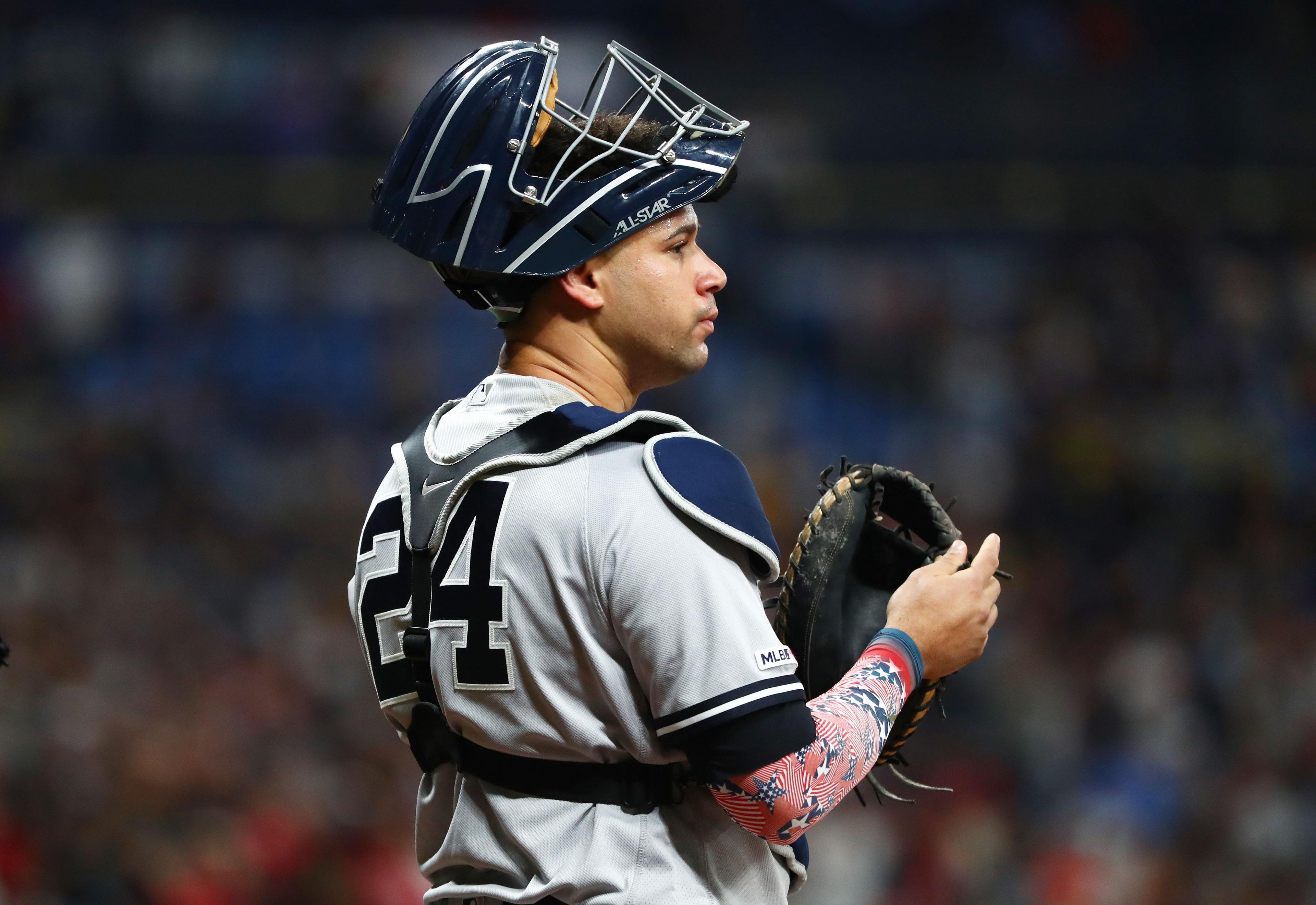 Jul 4, 2019; St. Petersburg, FL, USA; New York Yankees catcher Gary Sanchez (24) at Tropicana Field. Mandatory Credit: Kim Klement-USA TODAY Sports / Kim Klement