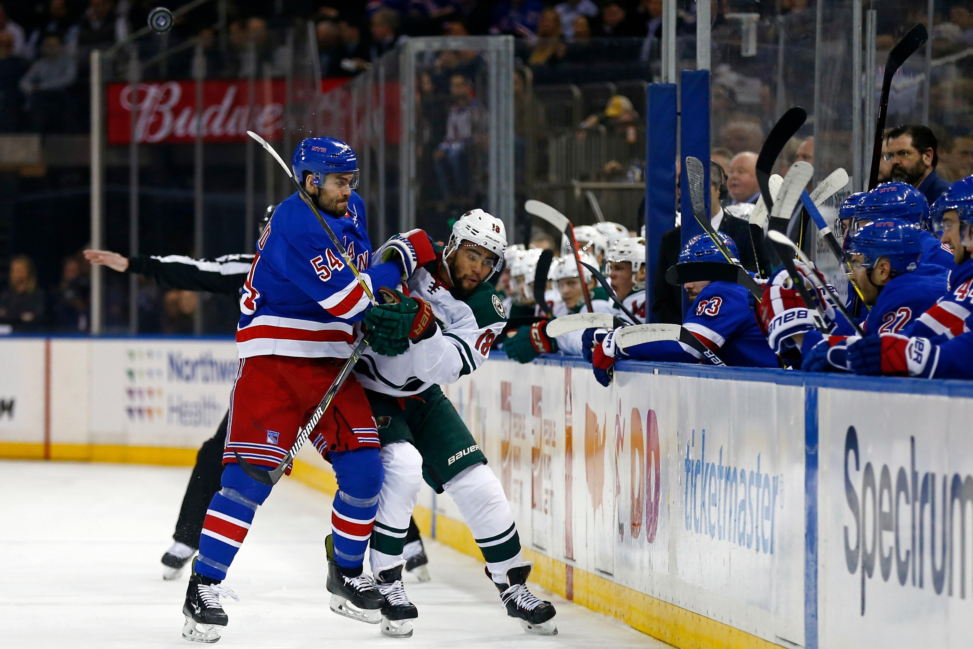 Rangers fall to Wild, 4-1, after Adam McQuaid gets pulled