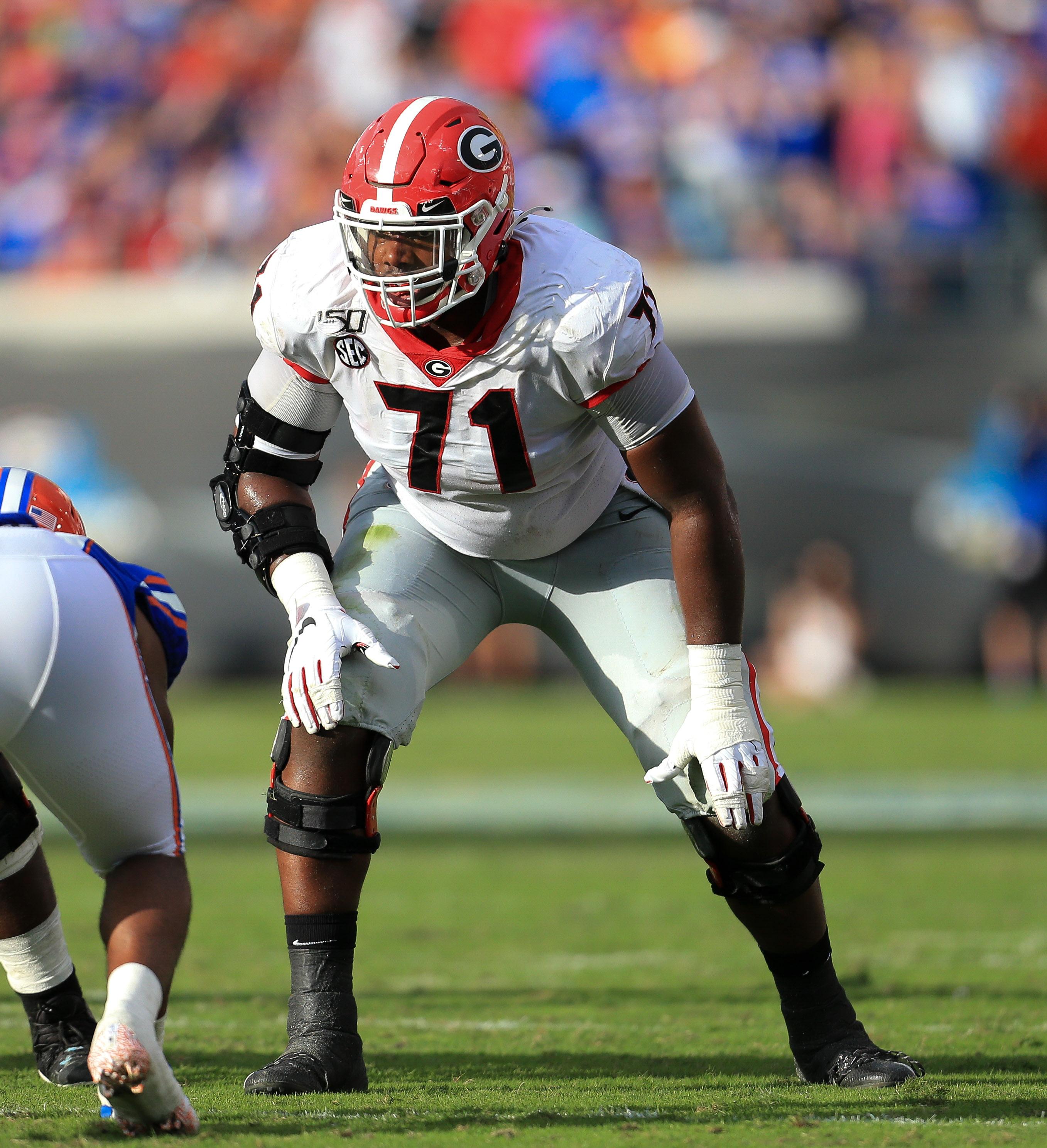 Nov 2, 2019; Jacksonville, FL, USA; Georgia Bulldogs offensive lineman Andrew Thomas (71) against the Florida Gators at TIAA Bank Field. Mandatory Credit: Matt Stamey-USA TODAY Sports