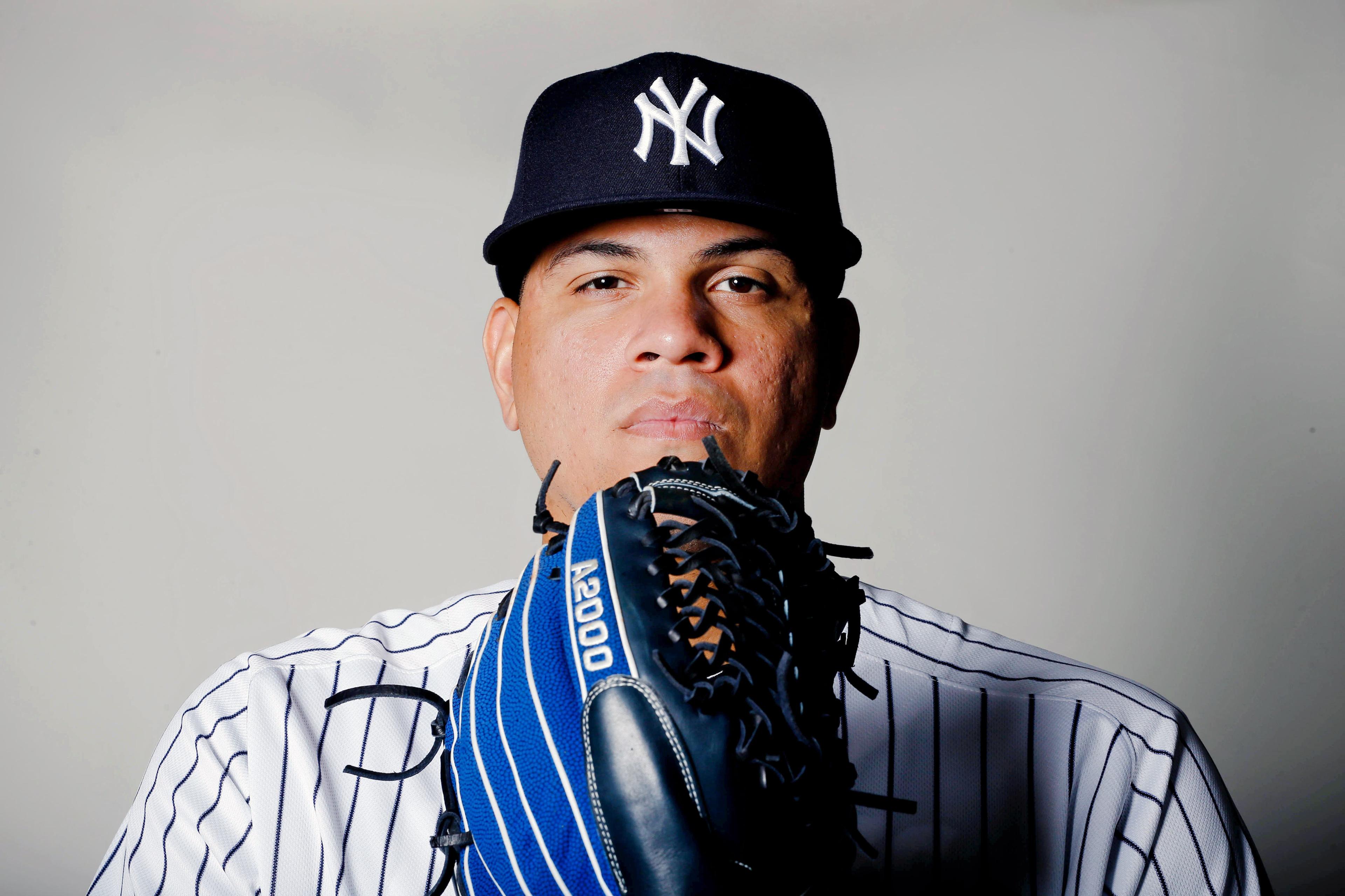 New York Yankees relief pitcher Dellin Betances poses for a photo on photo day at George M Steinbrenner Field. / Kim Klement/USA TODAY Sports