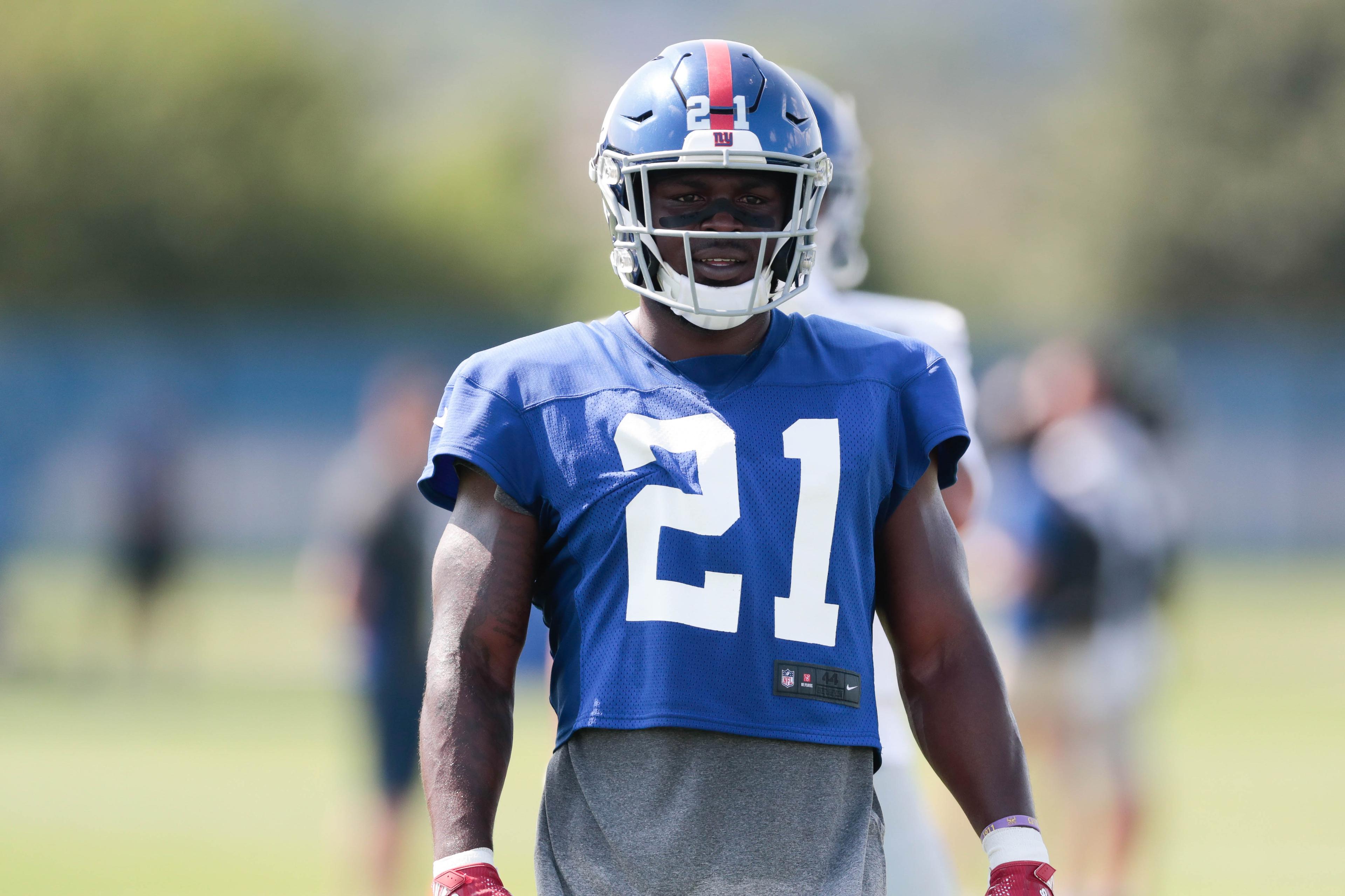 Jul 25, 2019; East Rutherford, NJ, USA; New York Giants free safety Jabrill Peppers (21) participates in drills during the first day of training camp at Quest Diagnostics Training Center. Mandatory Credit: Vincent Carchietta-USA TODAY Sports