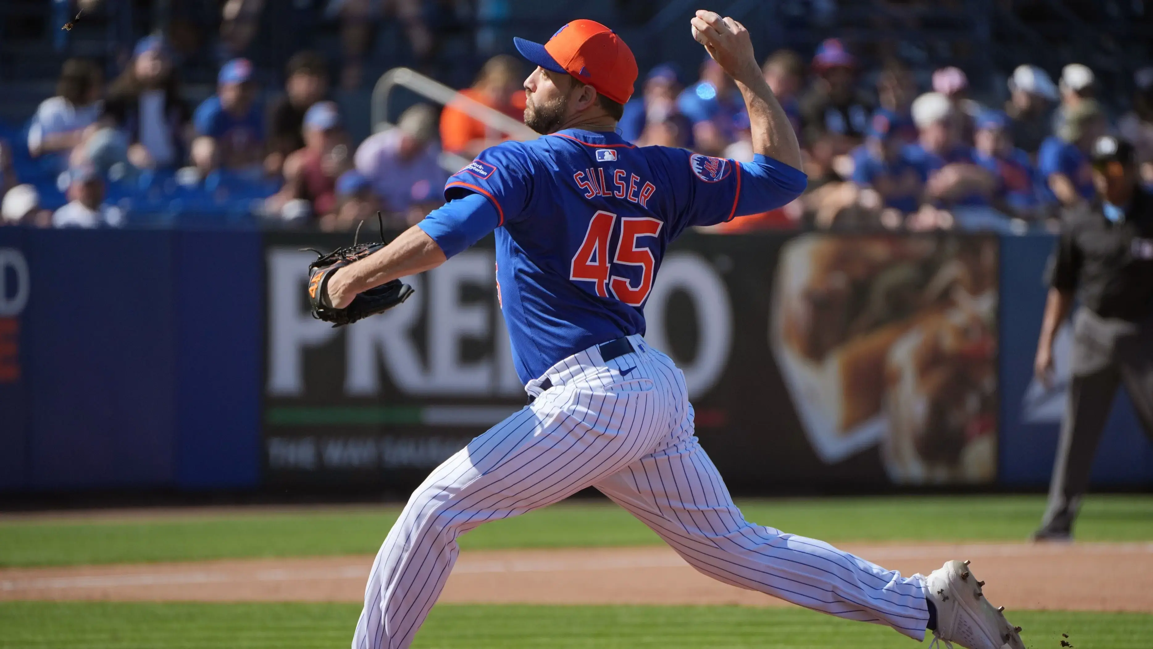 Feb 25, 2024; Port St. Lucie, Florida, USA; New York Mets pitcher Cole Sulser pitches against the Houston Astros in the fifth inning at Clover Park. 