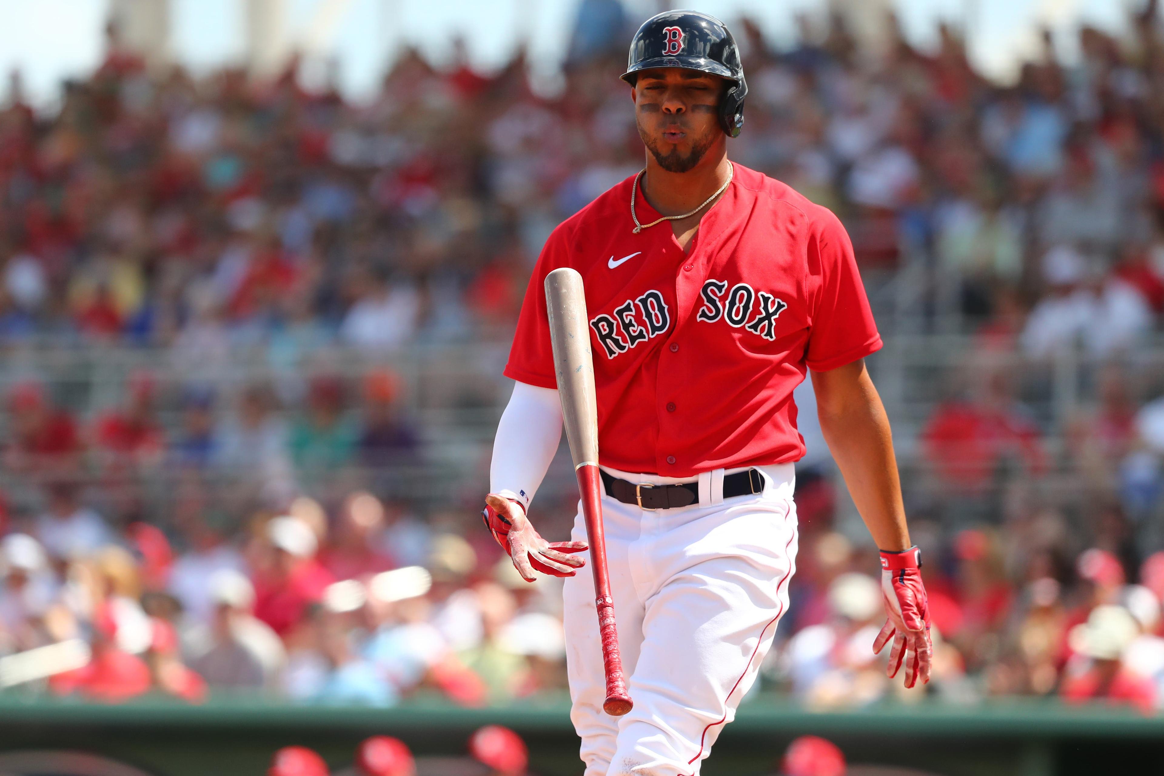 Mar 10, 2020; Fort Myers, Florida, USA;Boston Red Sox shortstop Xander Bogaerts (2) reacts as he strikes out during the third inning against the St. Louis Cardinals at JetBlue Park. Mandatory Credit: Kim Klement-USA TODAY Sports / Kim Klement