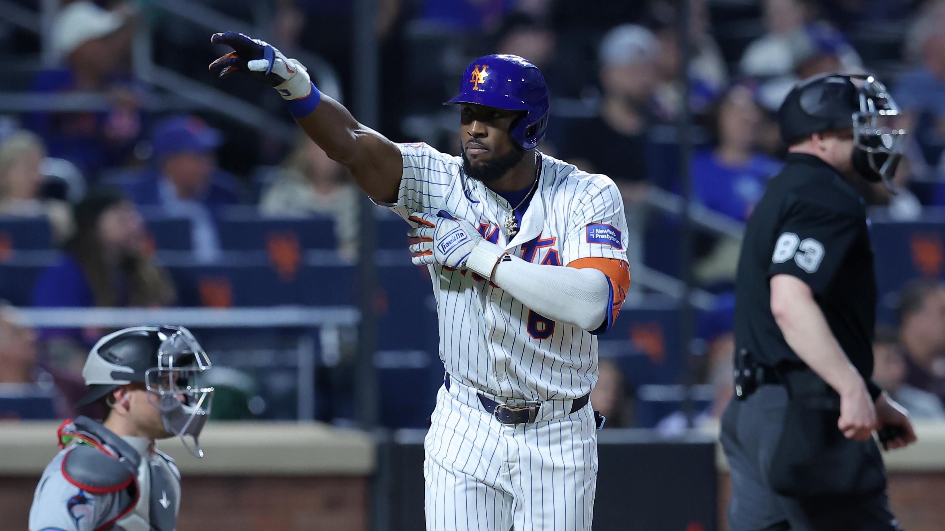 Jun 12, 2024; New York City, New York, USA; New York Mets right fielder Starling Marte (6) drops his bat after hitting a solo home run against the Miami Marlins during the fifth inning at Citi Field. 