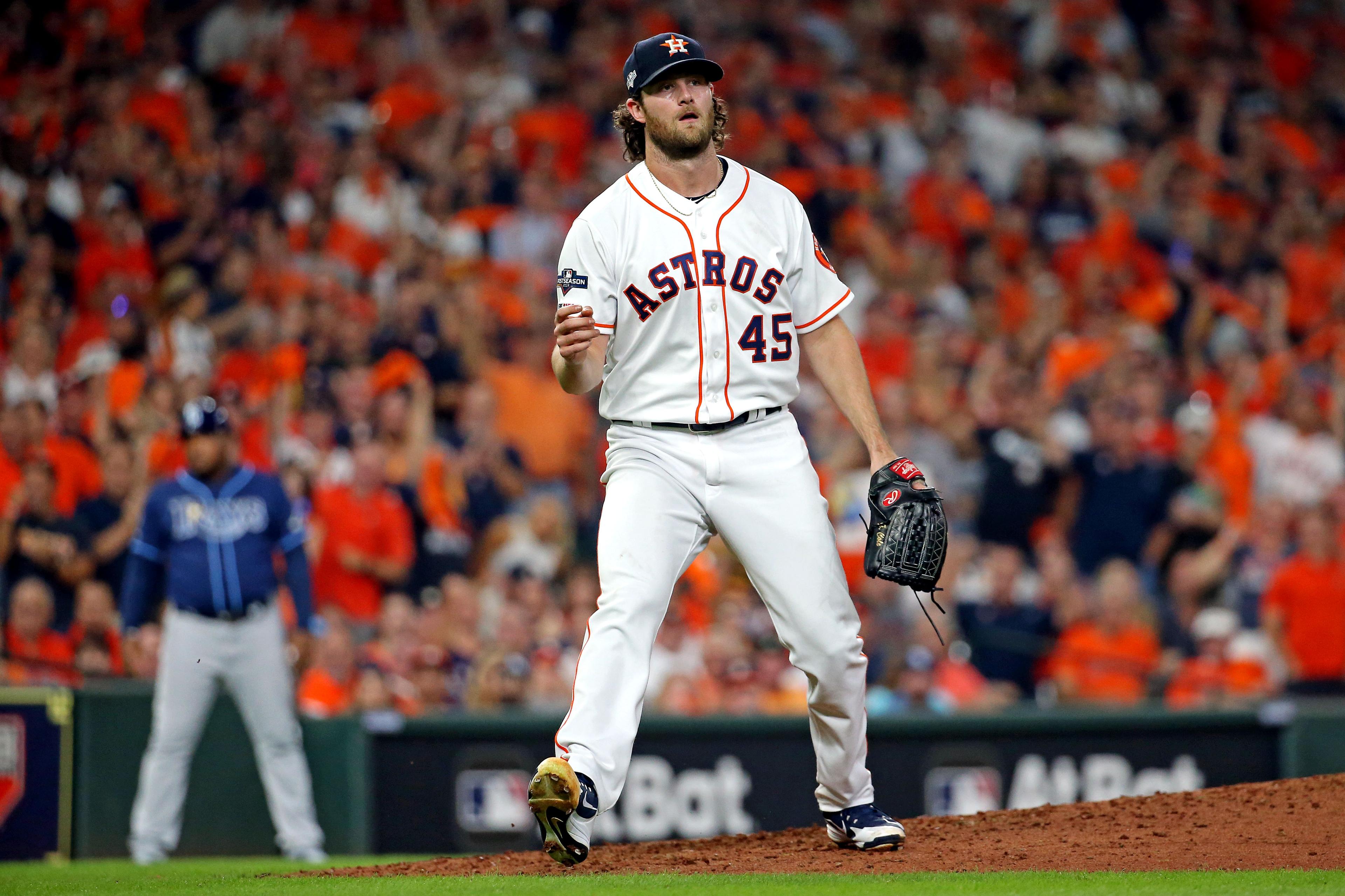 Oct 10, 2019; Houston, TX, USA; Houston Astros starting pitcher Gerrit Cole (45) reacts after a strike out during the fifth inning against the Tampa Bay Rays in game five of the 2019 ALDS playoff baseball series at Minute Maid Park. Mandatory Credit: Troy Taormina-USA TODAY Sports