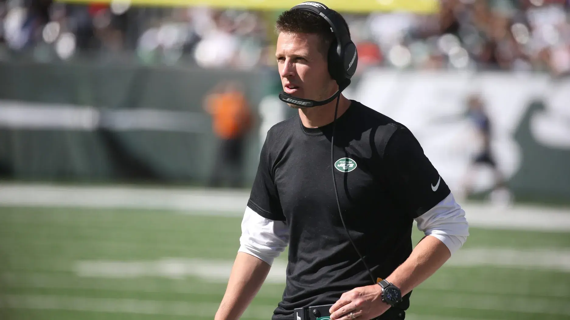 Offensive coordinator Mike LaFleur on the sidelines in the second half as the New England Patriots defeated the NY Jets 25-6 at MetLife Stadium in East Rutherford, NJ on September 19, 2021. The New England Patriots Came To Play The Ny Jets At Metlife Stadium In East Rutherford Nj On September 19 2021 / Chris Pedota, NorthJersey.com via Imagn Content Services, LLC