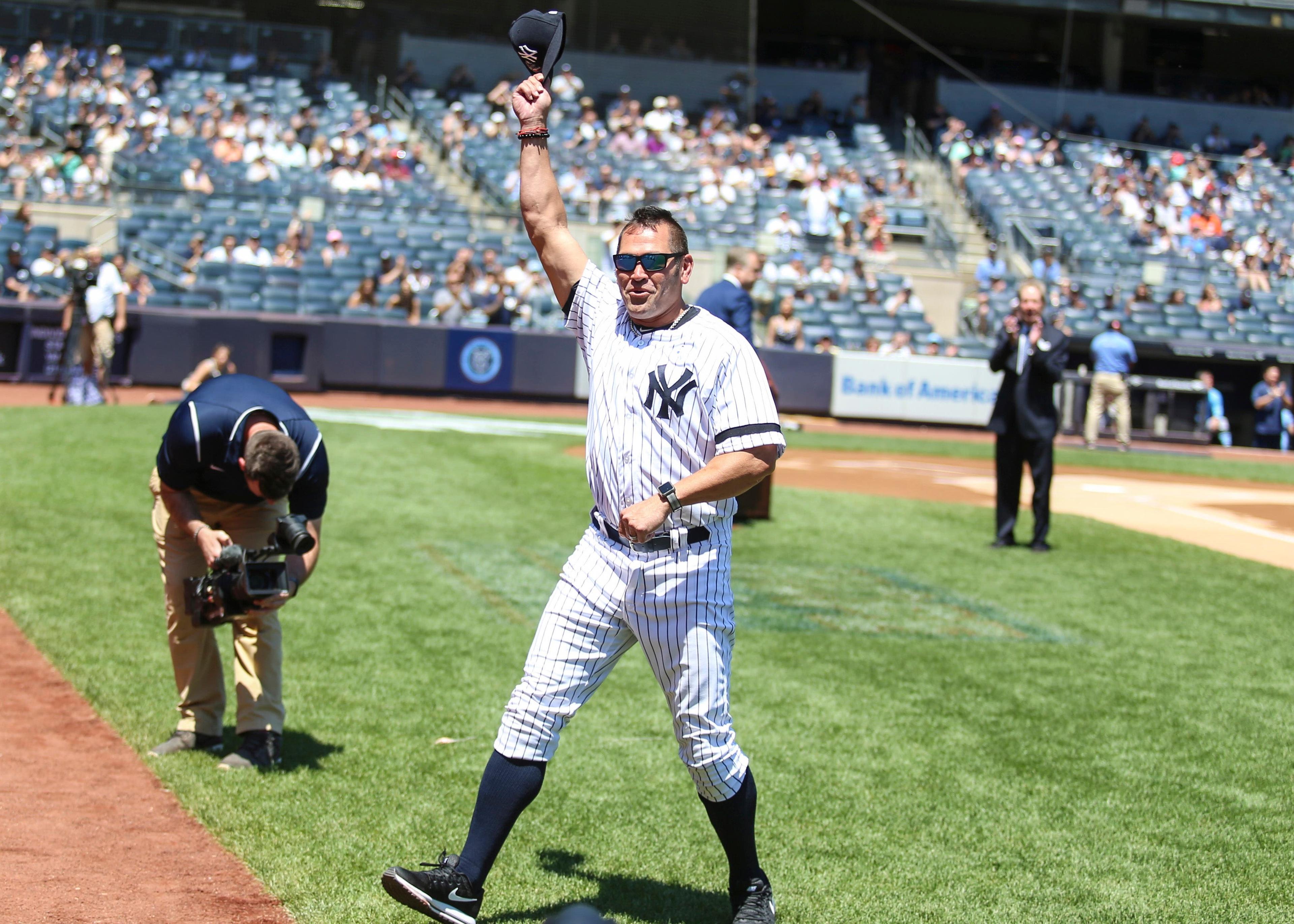 Jun 17, 2018; Bronx, NY, USA; Former New York Yankees Johnny Damon at the Old Timer's Day ceremony at Yankee Stadium. Mandatory Credit: Wendell Cruz-USA TODAY Sports / Wendell Cruz