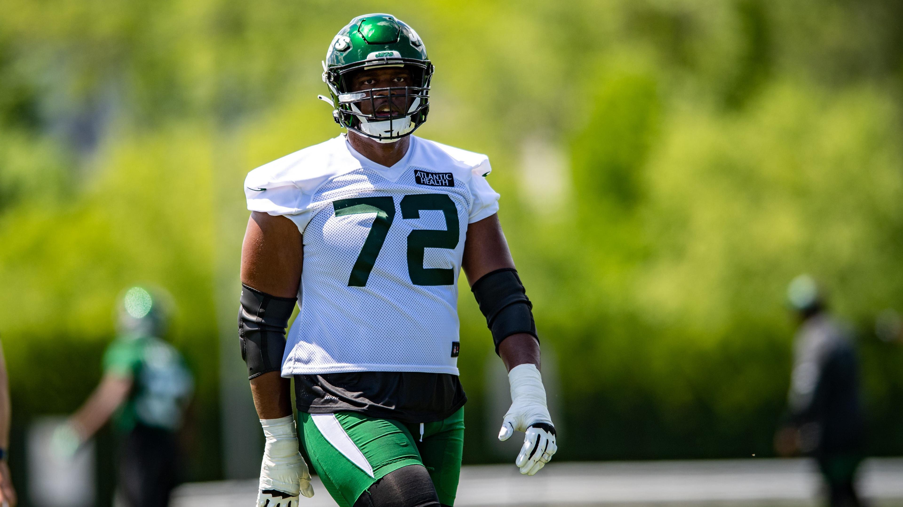 May 27, 2021; Florham Park, NJ, USA; New York Jets tackle Cameron Clark (72) participates in a drill during an OTA at Jets Atlantic Health Training Center. Mandatory Credit: John Jones-USA TODAY Sports / John Jones-USA TODAY Sports