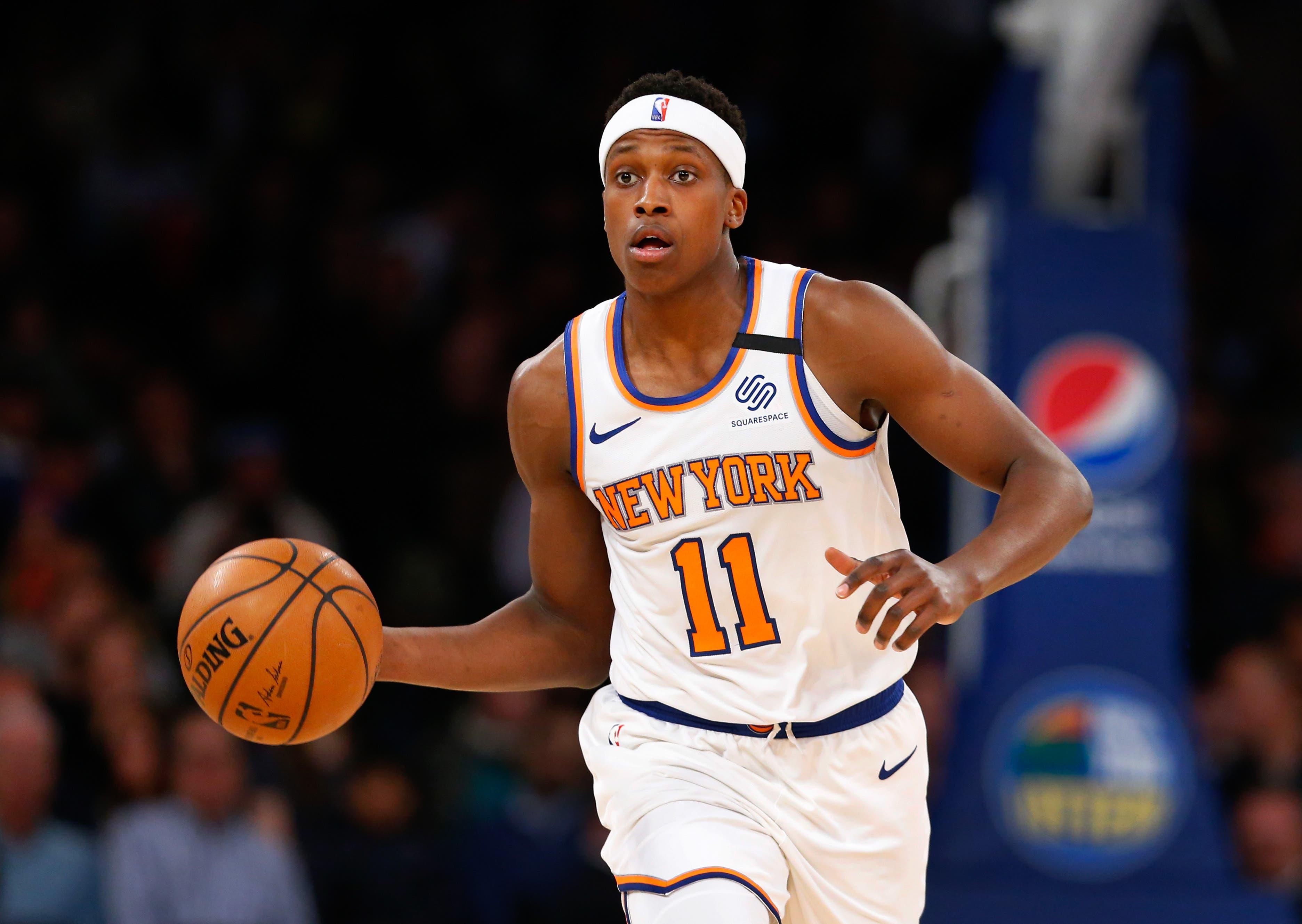 Feb 21, 2020; New York, New York, USA; New York Knicks guard Frank Ntilikina (11) dribbles the ball against the Indiana Pacers during the second half at Madison Square Garden. Mandatory Credit: Noah K. Murray-USA TODAY Sports / Noah K. Murray