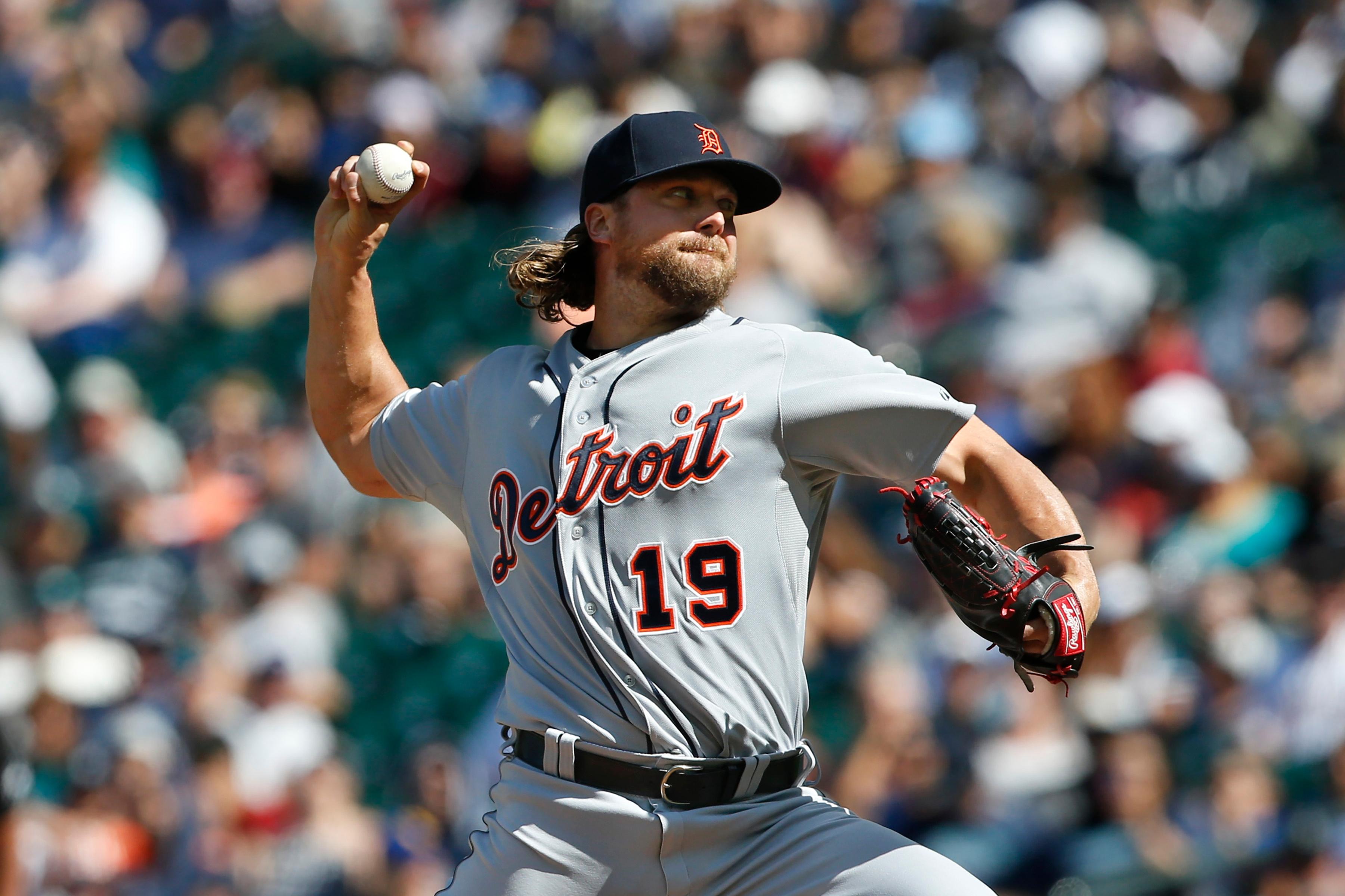 Jul 28, 2019; Seattle, WA, USA; Detroit Tigers relief pitcher Trevor Rosenthal (19) throws against the Seattle Mariners during the ninth inning at T-Mobile Park. Mandatory Credit: Joe Nicholson-USA TODAY Sports