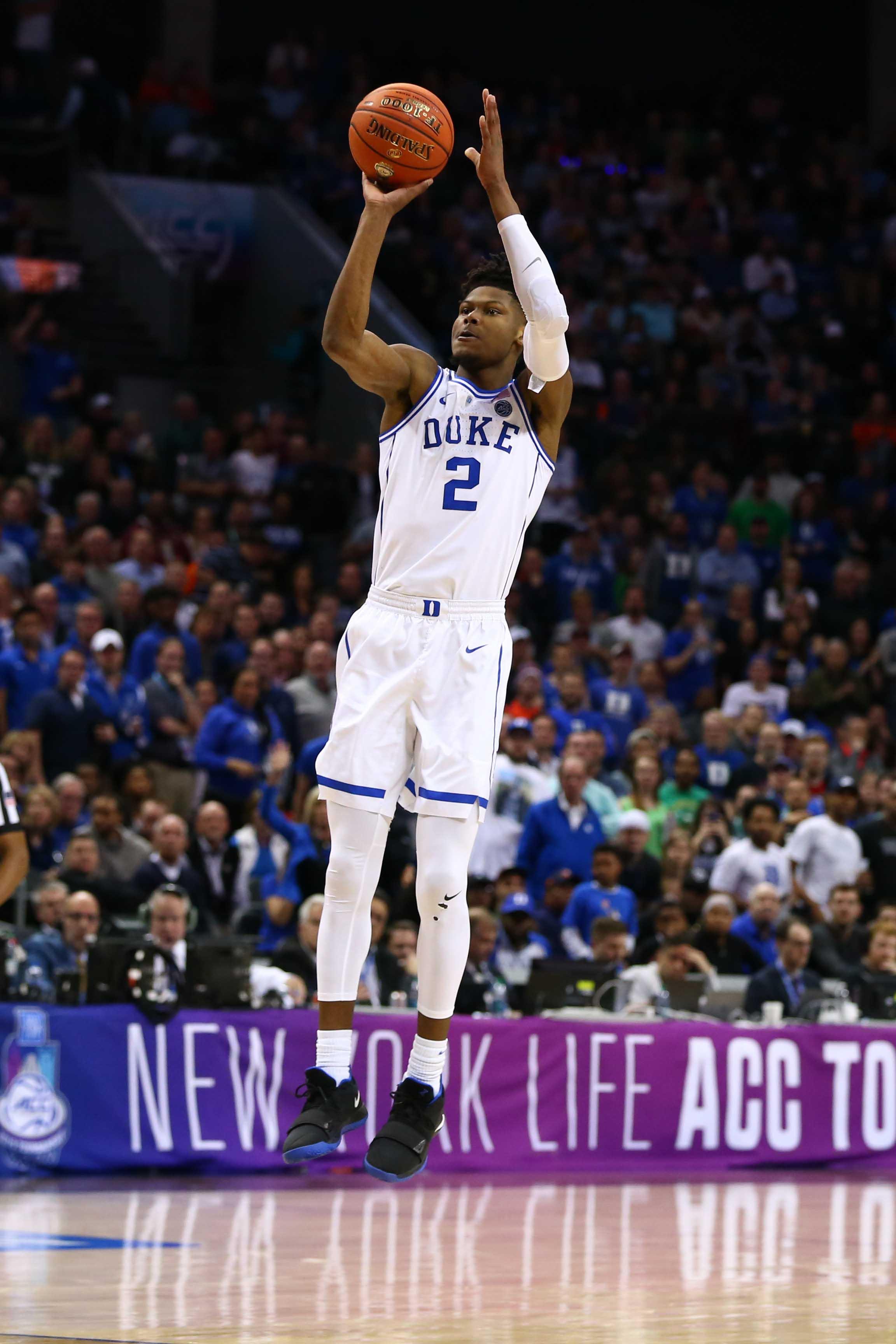 Mar 16, 2019; Charlotte, NC, USA; Duke Blue Devils forward Cam Reddish (2) shoots the ball in the second half against the Florida State Seminoles in the ACC conference tournament at Spectrum Center. Mandatory Credit: Jeremy Brevard-USA TODAY Sports