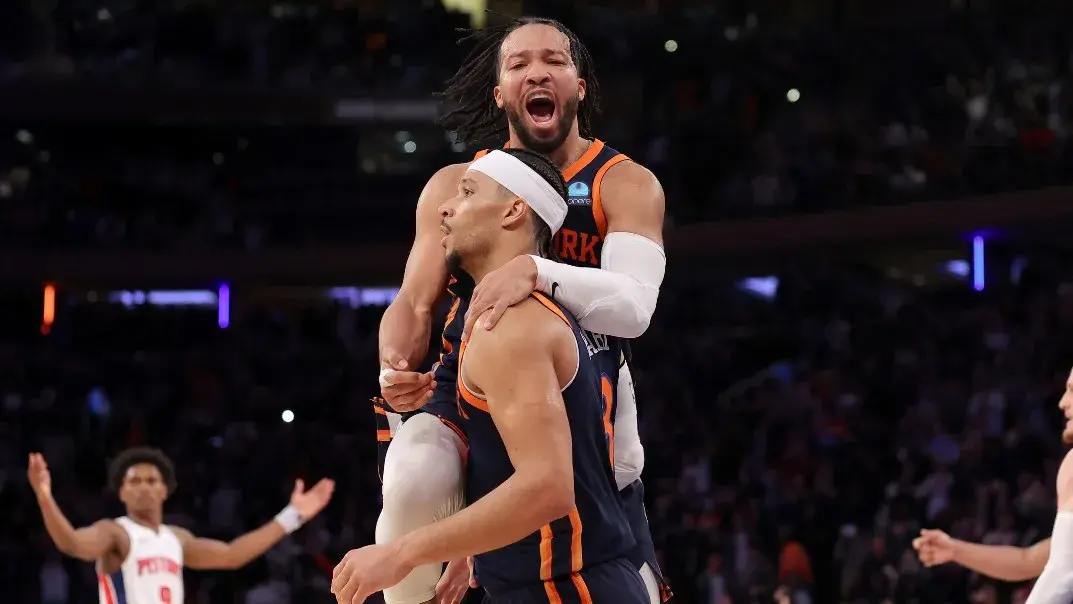 New York Knicks guard Jalen Brunson (11) celebrates with guard Josh Hart (3) during the fourth quarter against the Detroit Pistons at Madison Square Garden. / Brad Penner-USA TODAY Sports