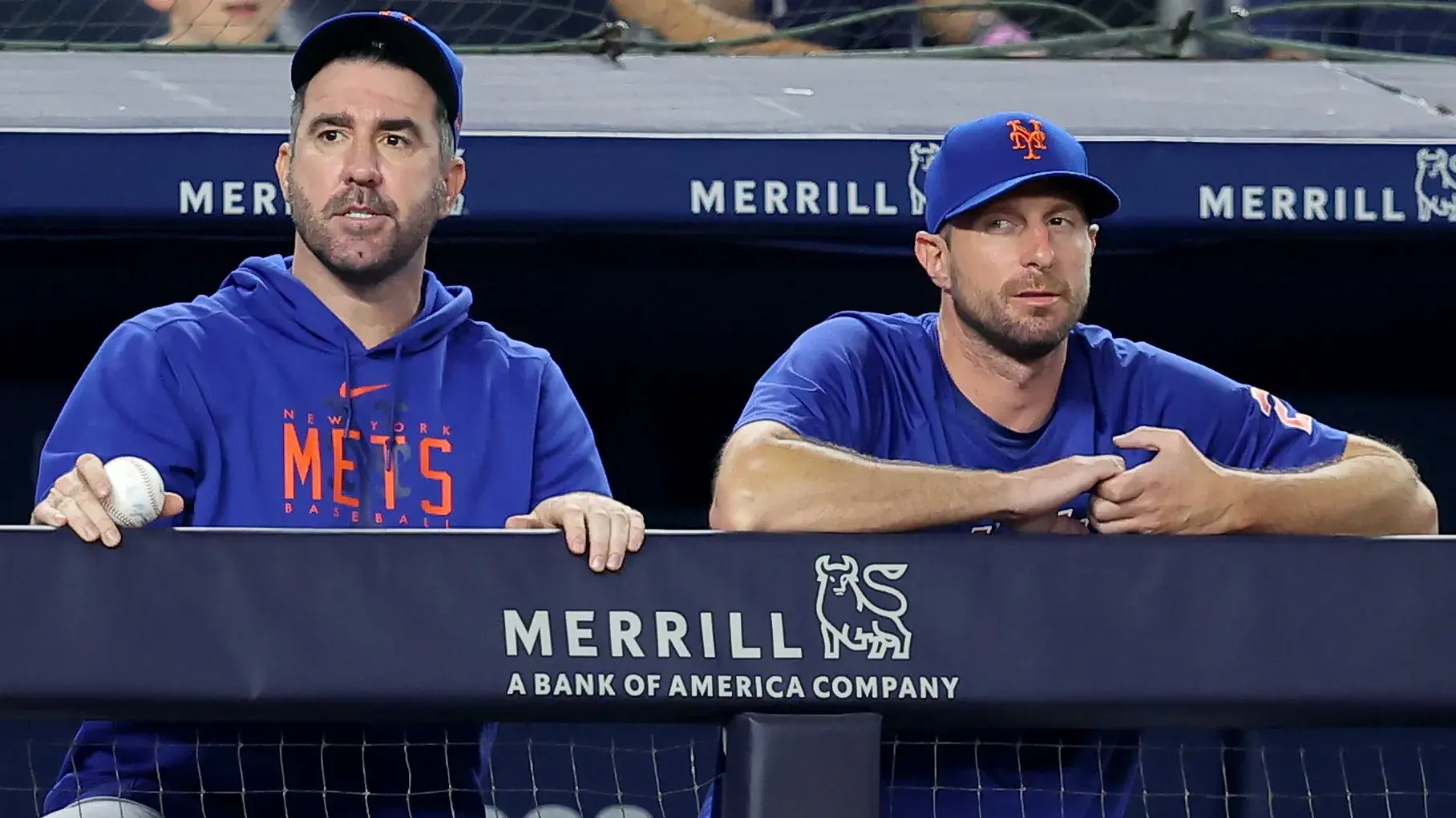 Jul 26, 2023; Bronx, New York, USA; New York Mets starting pitchers Justin Verlander (35) and Max Scherzer (21) watch from the dugout during the sixth inning against the New York Yankees at Yankee Stadium. Mandatory Credit: Brad Penner-USA TODAY Sports / © Brad Penner-USA TODAY Sports