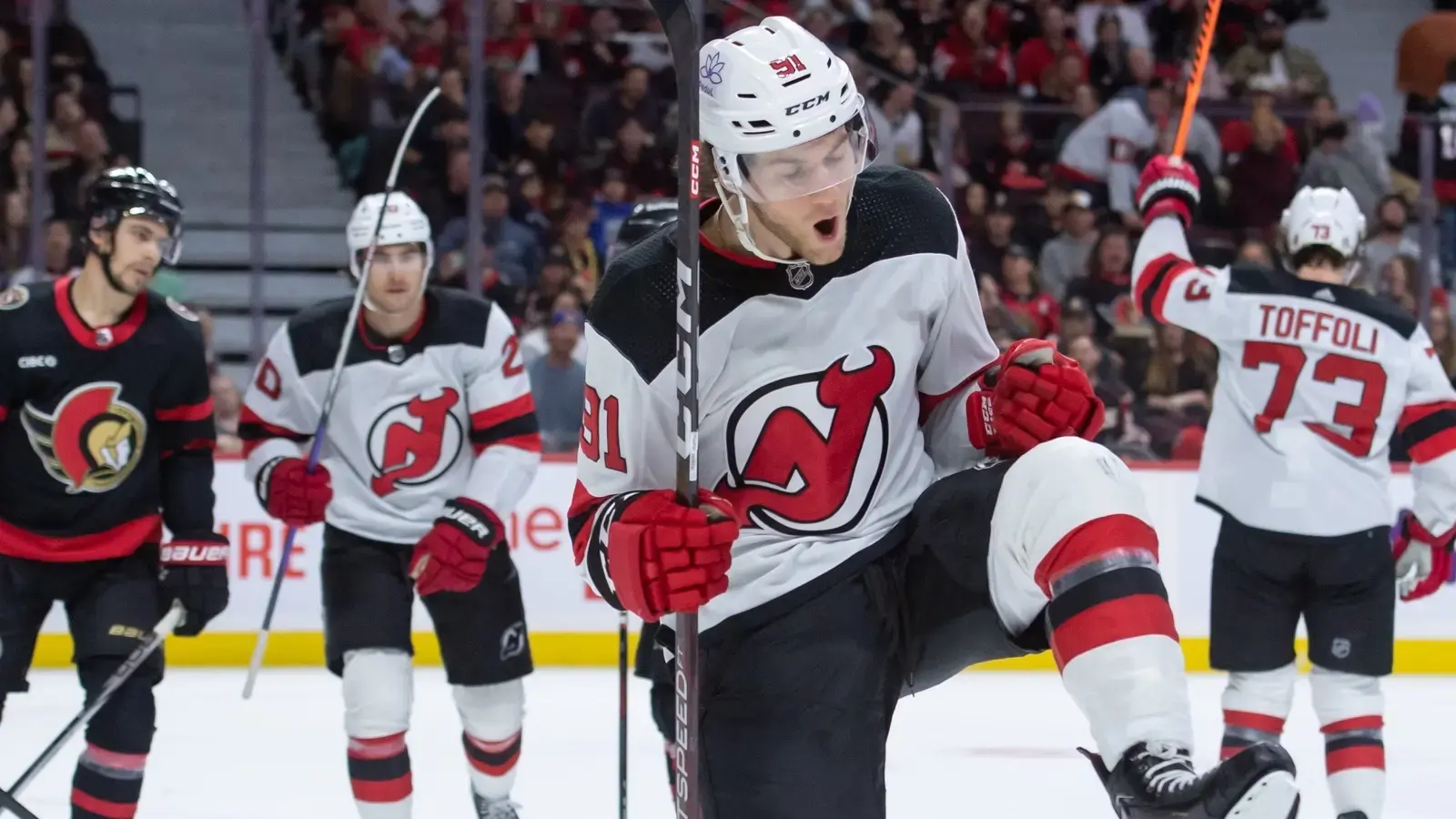 New Jersey Devils center Dawson Mercer (91) celebrates his goal scored in the second period against the Ottawa Senators at the Canadian Tire Centre. / Marc DesRosiers-USA TODAY Sports