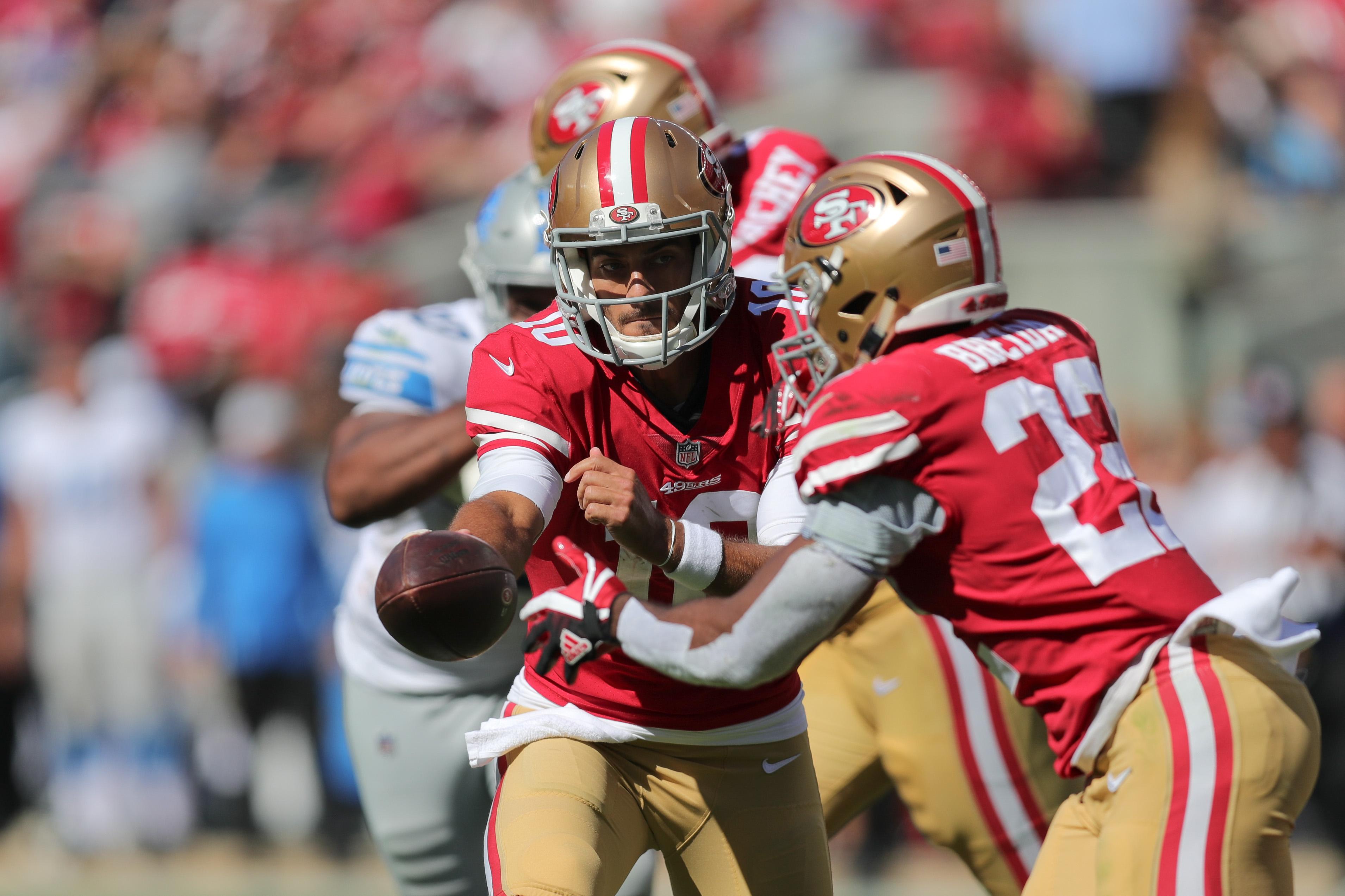 Sep 16, 2018; Santa Clara, CA, USA; San Francisco 49ers quarterback Jimmy Garoppolo (10) during the game against the Detroit Lions at Levi's Stadium. Mandatory Credit: Sergio Estrada-USA TODAY Sports