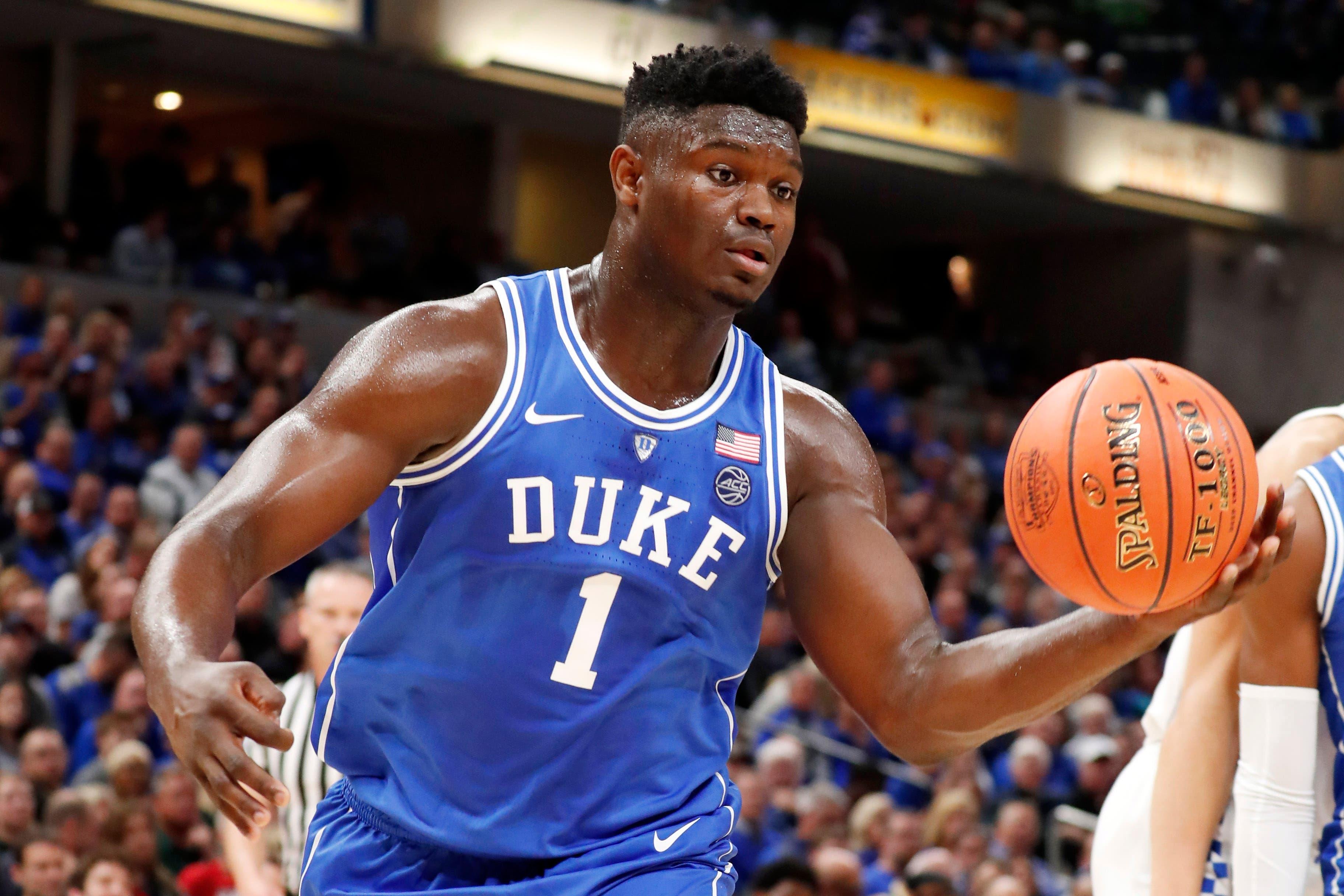 Nov 6, 2018; Indianapolis, IN, USA; Duke Blue Devils forward Zion Williamson (1) playing against the Kentucky Wildcats in the first half during the Champions Classic at Bankers Life Fieldhouse. Mandatory Credit: Brian Spurlock-USA TODAY Sports / Brian Spurlock