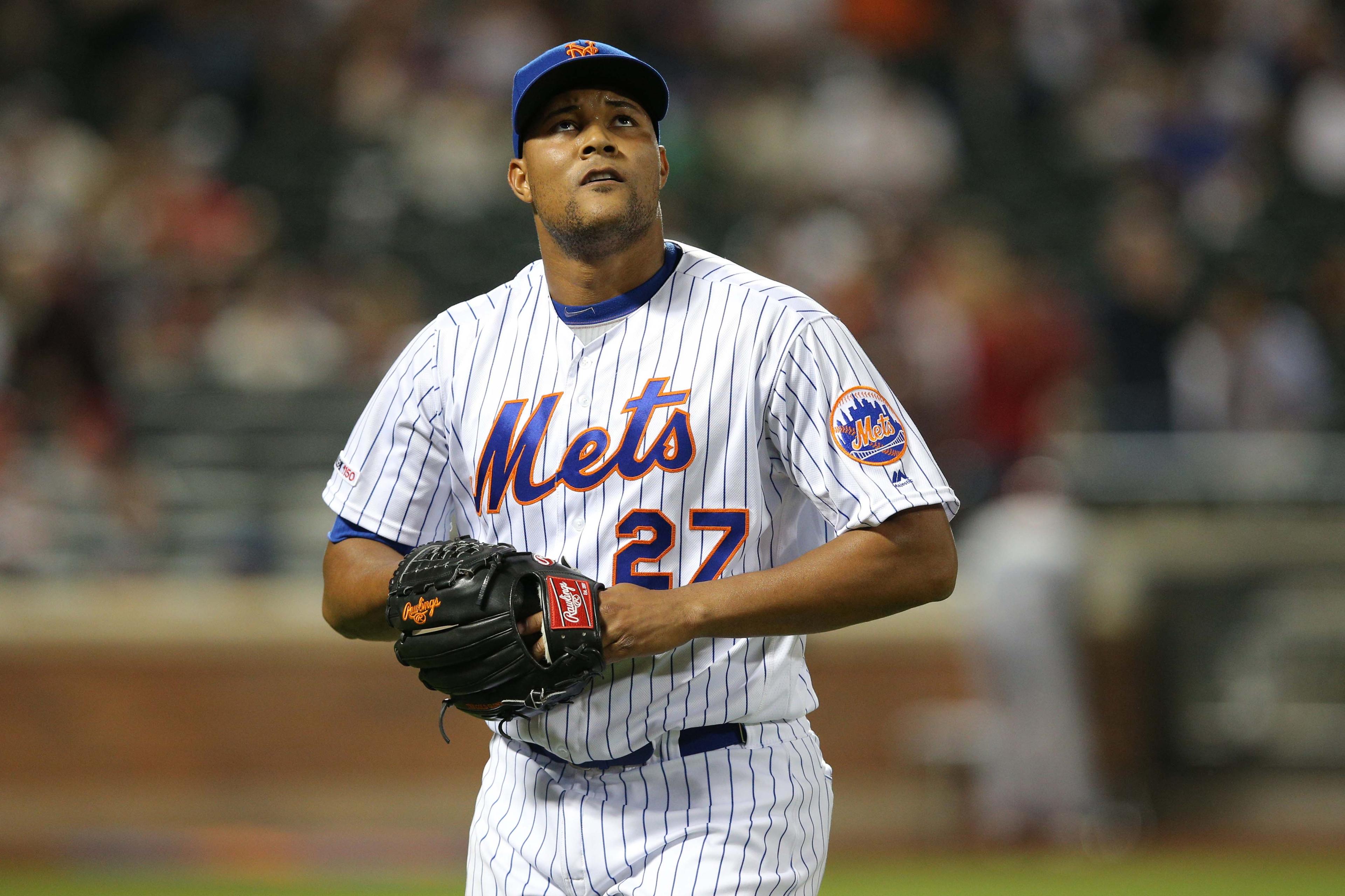 Jun 14, 2019; New York City, NY, USA; New York Mets relief pitcher Jeurys Familia (27) reacts after allowing the St. Louis Cardinals to score four runs during the eighth inning at Citi Field. Mandatory Credit: Brad Penner-USA TODAY Sports