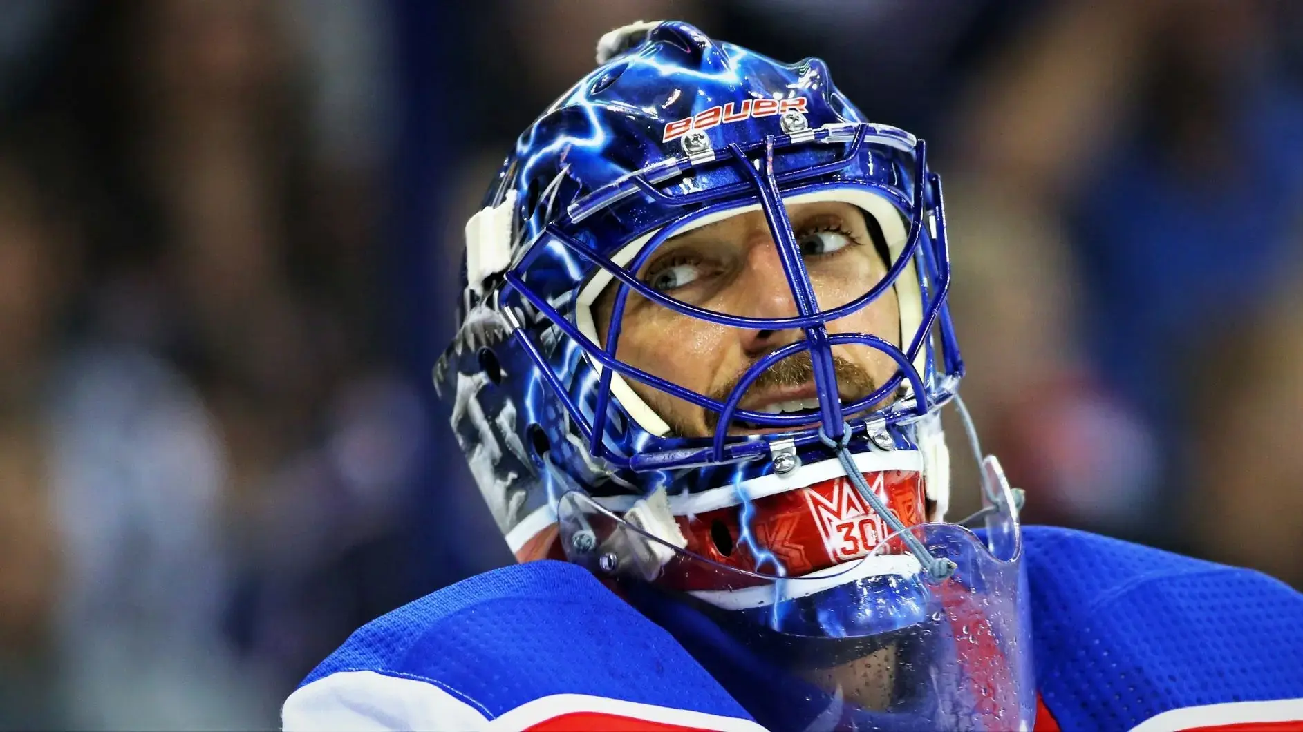 Oct 13, 2017; Columbus, OH, USA; New York Rangers goalie Henrik Lundqvist (30) reacts after making a save against the Columbus Blue Jackets in the second period at Nationwide Arena. Mandatory Credit: Aaron Doster-USA TODAY Sports / © Aaron Doster-USA TODAY Sports