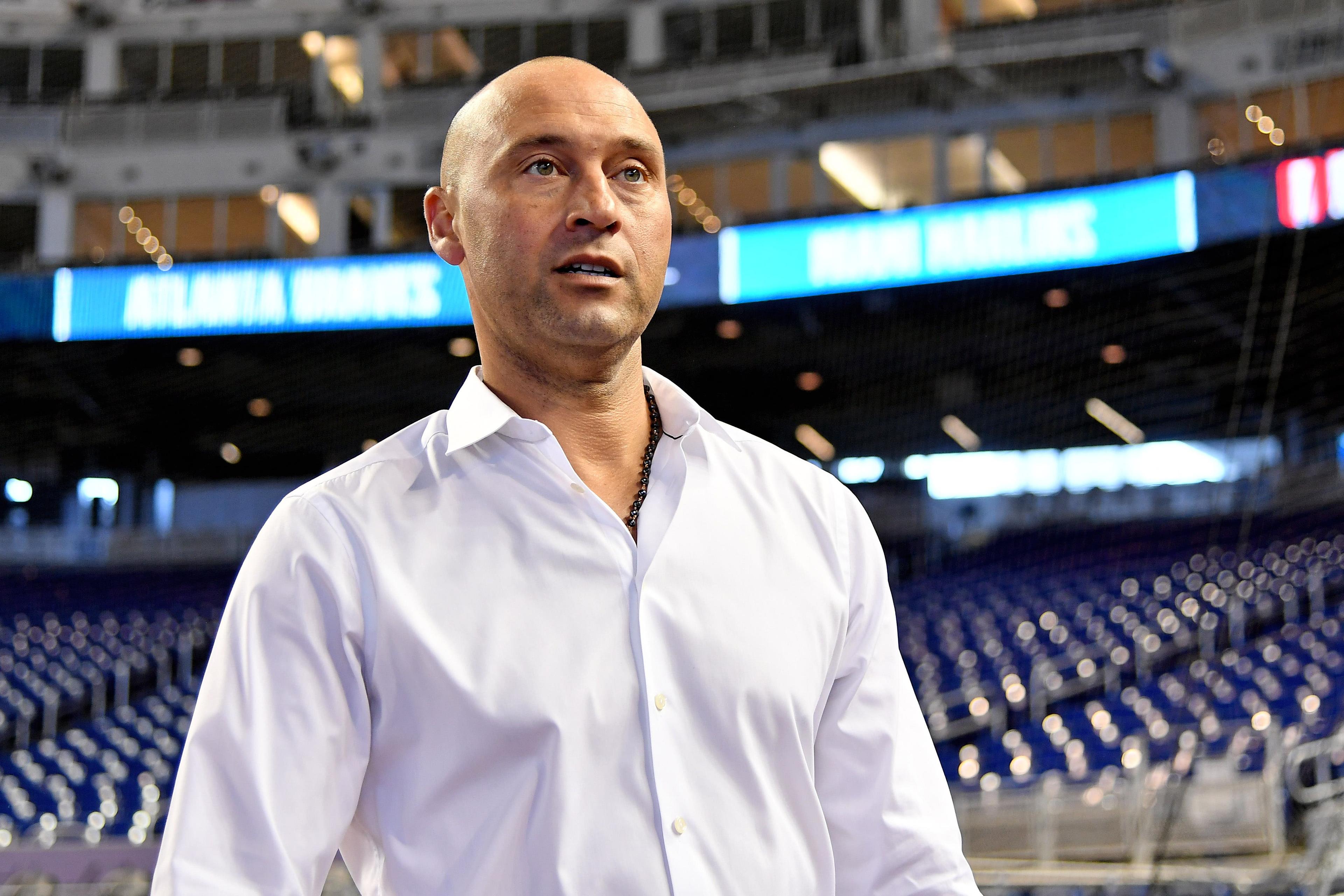 May 3, 2019; Miami, FL, USA; Miami Marlins chief executive officer Derek Jeter walks onto the field prior to the game between the Miami Marlins and the Atlanta Braves at Marlins Park. Mandatory Credit: Jasen Vinlove-USA TODAY Sports / Jasen Vinlove