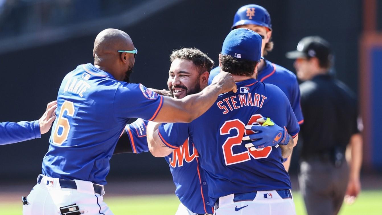 May 26, 2024; New York City, New York, USA; New York Mets catcher Omar Narváez (2) celebrates with his teammates after hitting a game-winning RBI single to defeat the San Francisco Giants 4-3 at Citi Field.