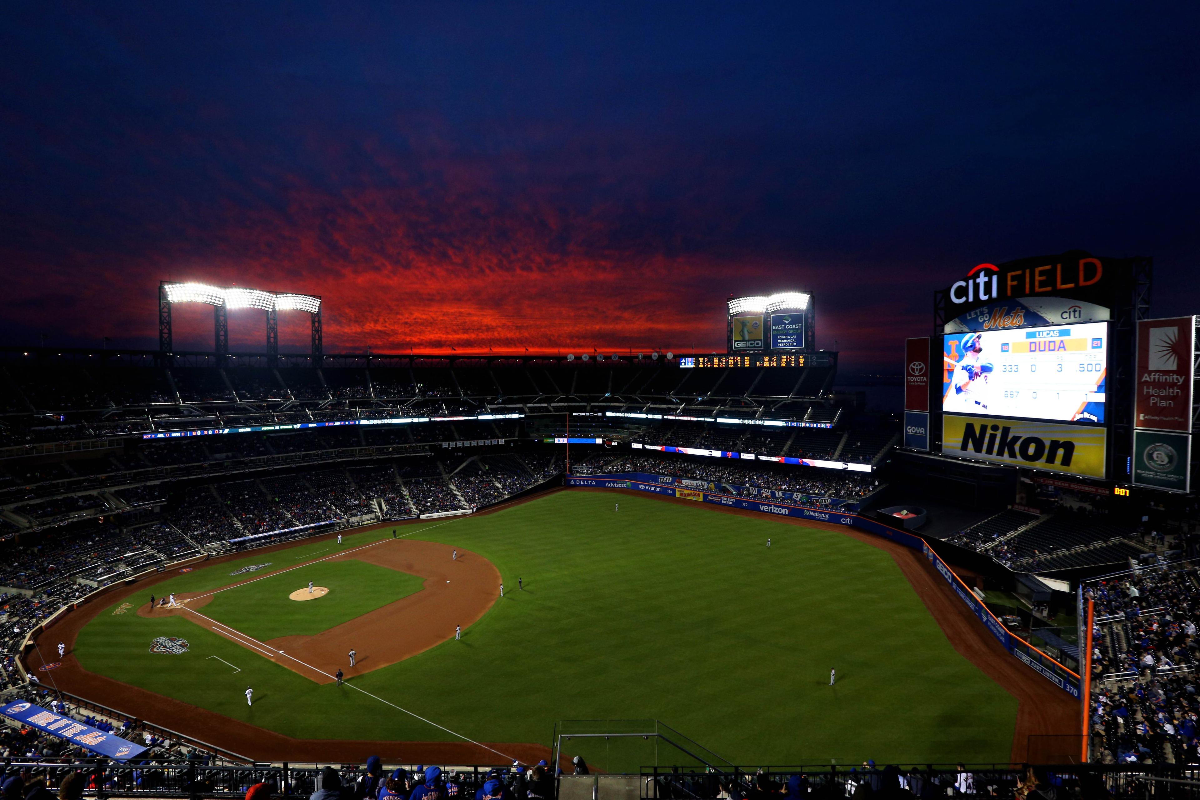 Apr 5, 2017; New York City, NY, USA; General view as the sun sets over Citi Field during the second inning between the New York Mets and the Atlanta Braves. Mandatory Credit: Brad Penner-USA TODAY Sports / Brad Penner