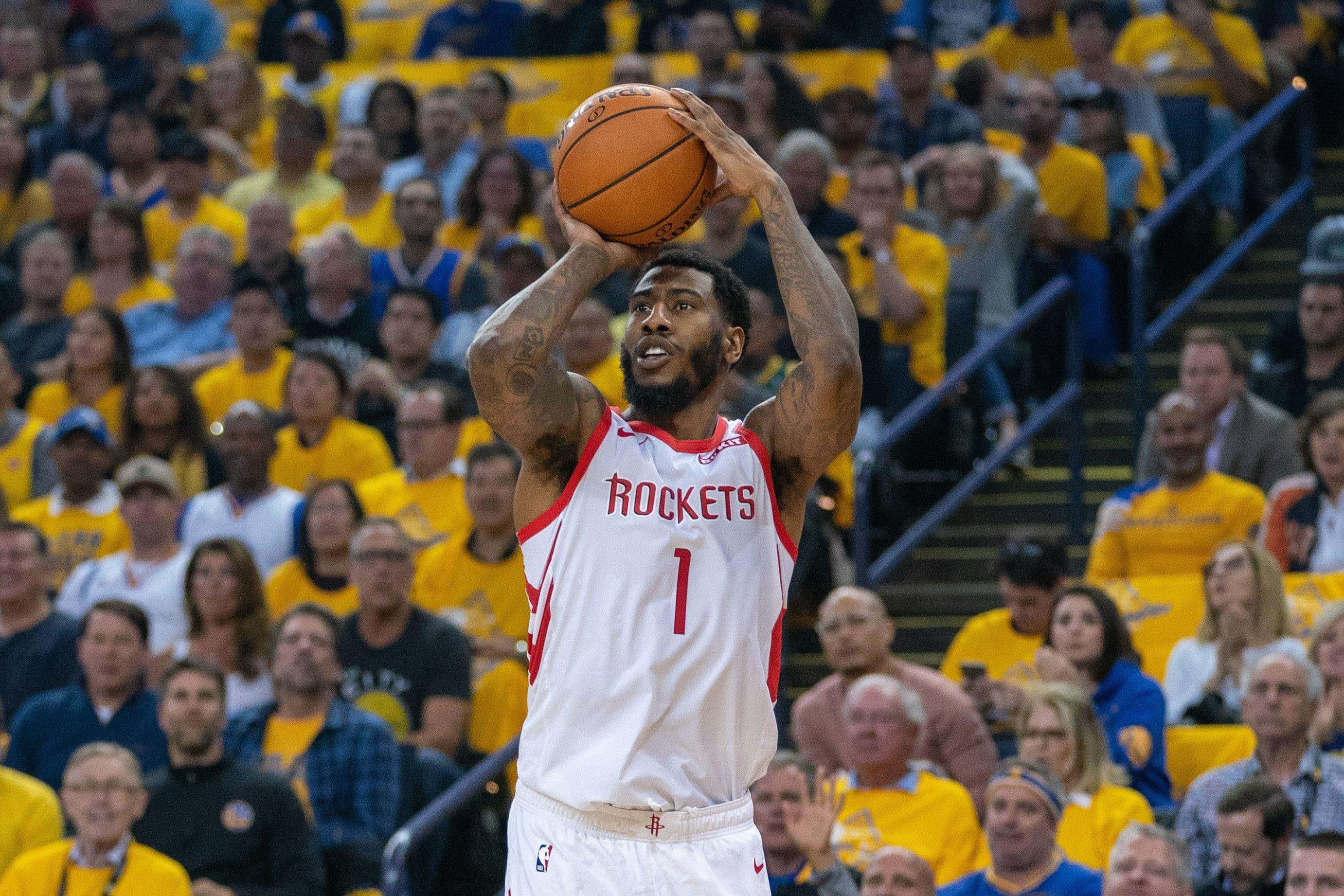 April 30, 2019; Oakland, CA, USA; Houston Rockets guard Iman Shumpert (1) during the first quarter in game two of the second round of the 2019 NBA Playoffs against the Golden State Warriors at Oracle Arena. The Warriors defeated the Rockets 115-109. Mandatory Credit: Kyle Terada-USA TODAY Sports / Kyle Terada