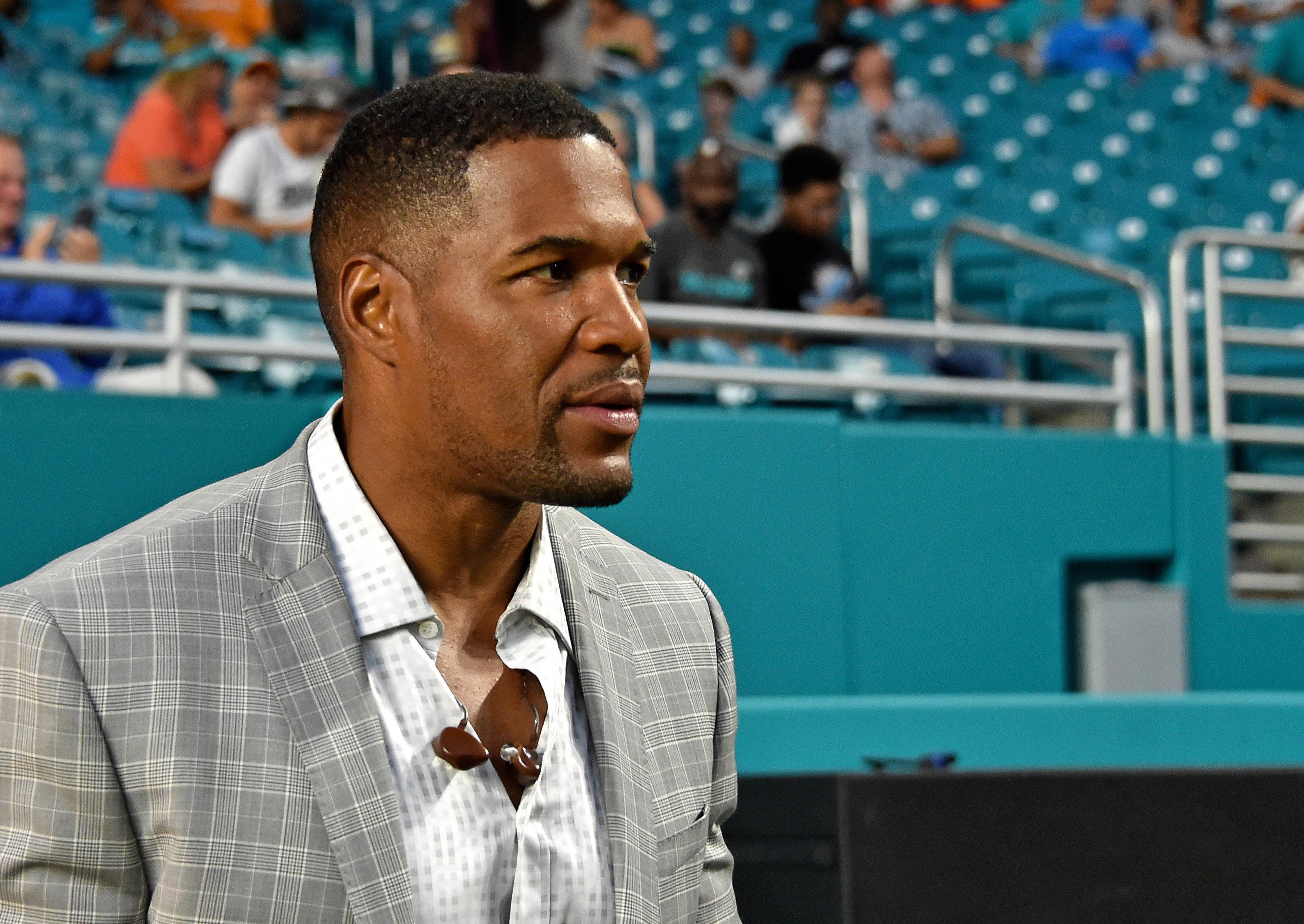 Aug 22, 2019; Miami Gardens, FL, USA; NFL former player Michael Strahan is seen before a game between the Jacksonville Jaguars and the Miami Dolphins at Hard Rock Stadium. Mandatory Credit: Steve Mitchell-USA TODAY Sports