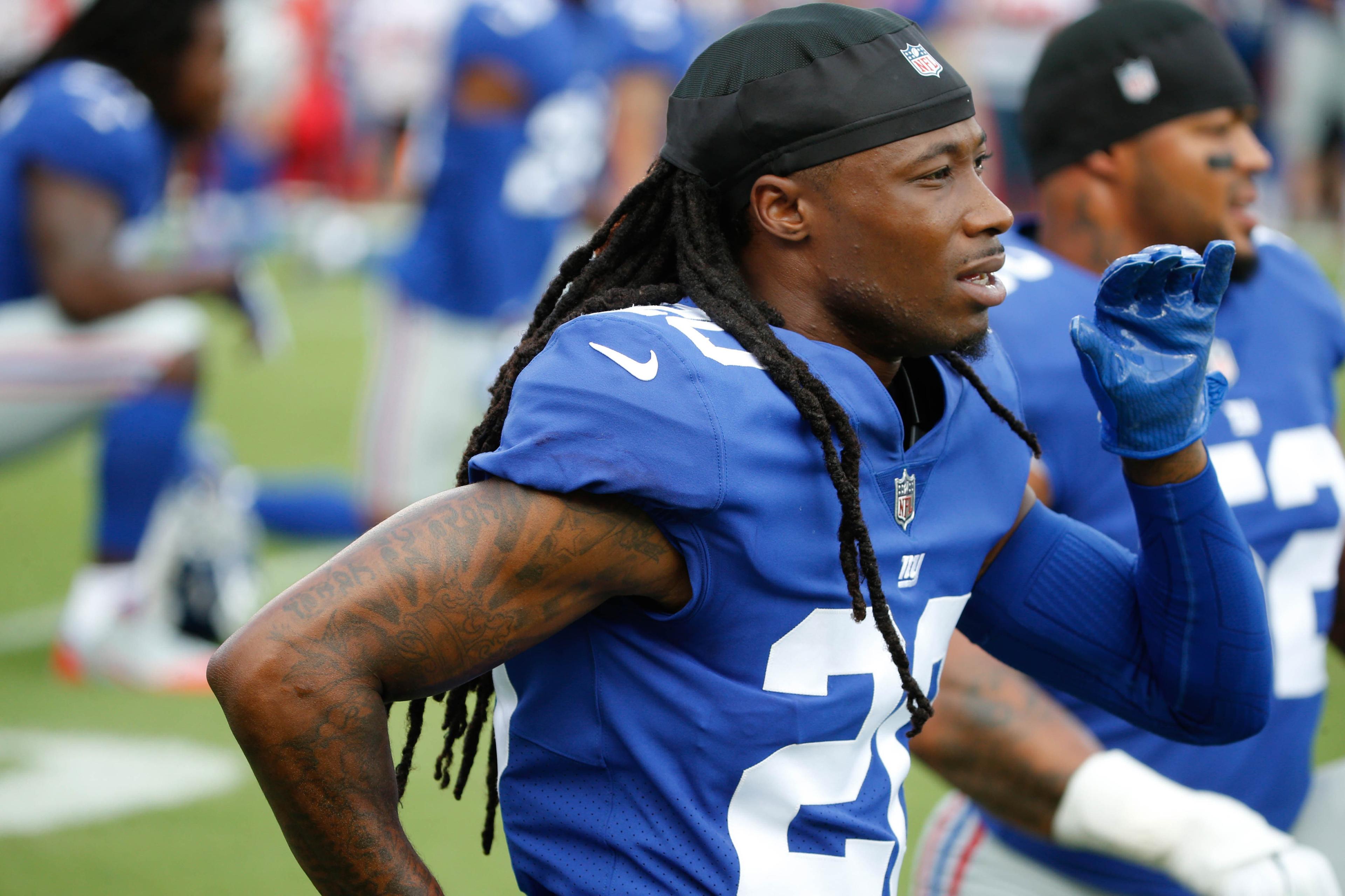 Oct 1, 2017; Tampa, FL, USA; New York Giants cornerback Janoris Jenkins (20) works out prior to the game at Raymond James Stadium. Mandatory Credit: Kim Klement-USA TODAY Sports / Kim Klement