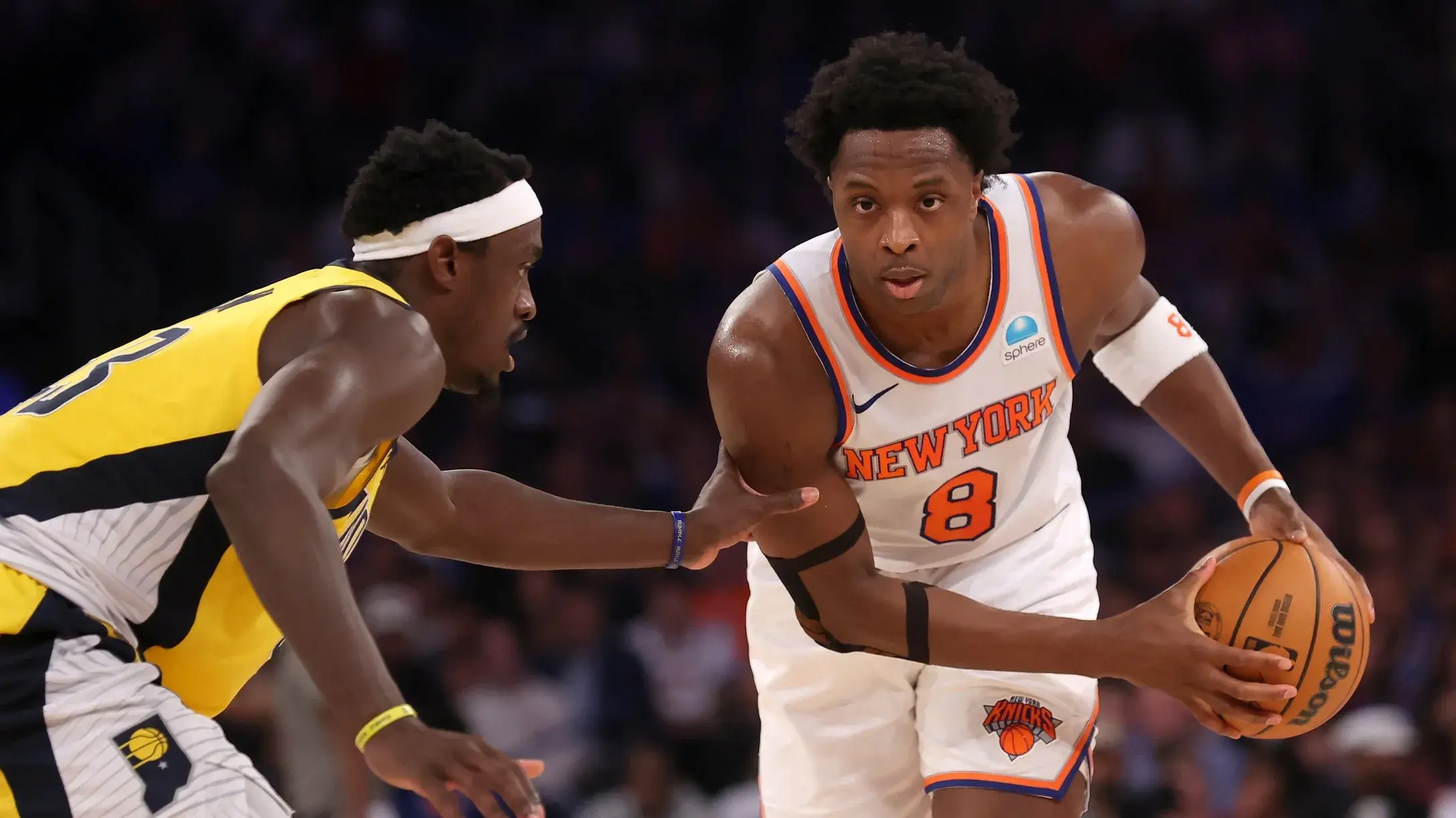 New York Knicks forward OG Anunoby (8) controls the ball against Indiana Pacers forward Pascal Siakam (43) during the second quarter of game one of the second round of the 2024 NBA playoffs at Madison Square Garden. / Brad Penner-USA TODAY Sports